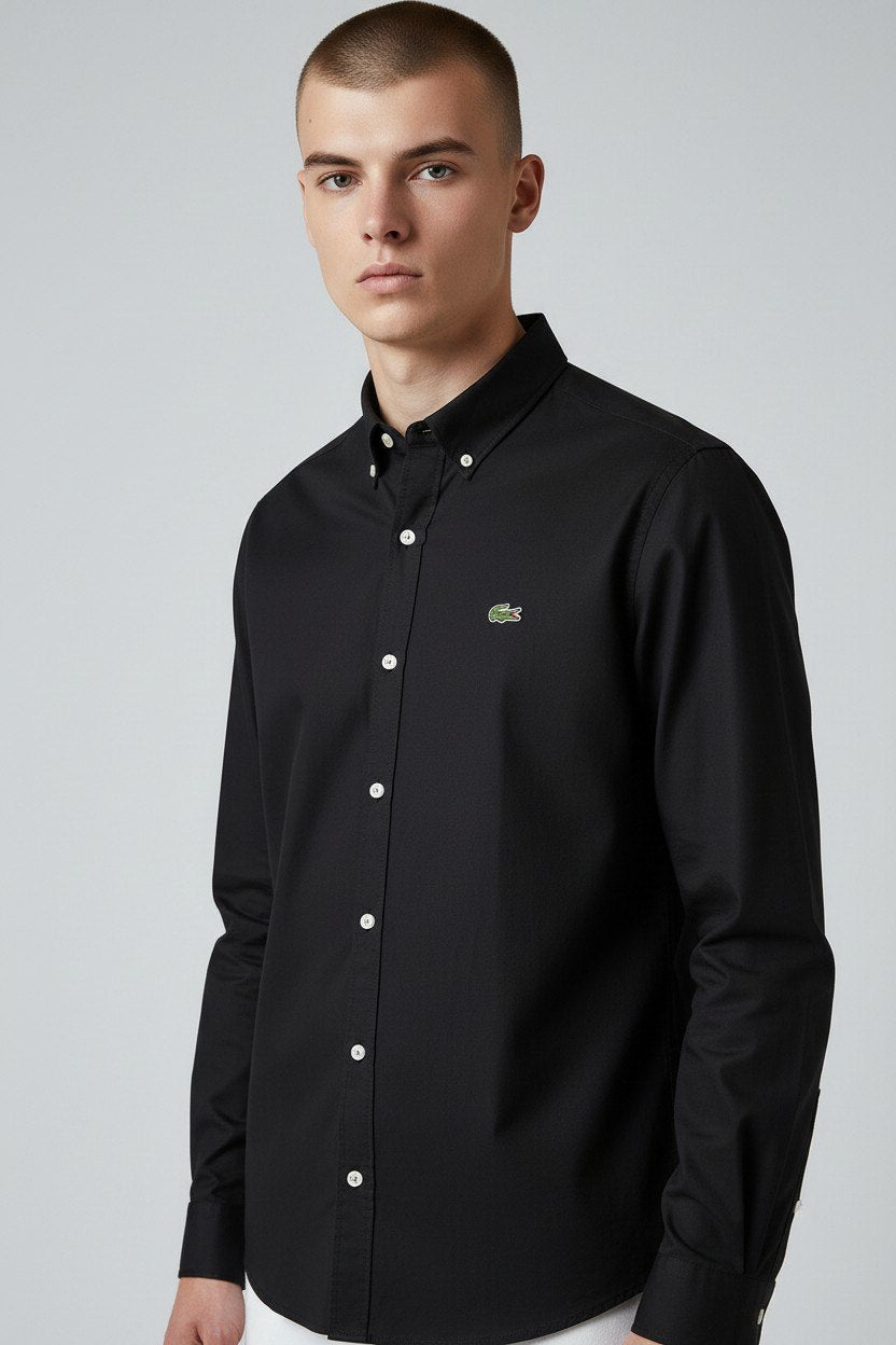 Lacoste Premium Black Button Down Oxford Shirt for Men β Luxury Smart Casual Long Sleeve Designer Essential π€β¨