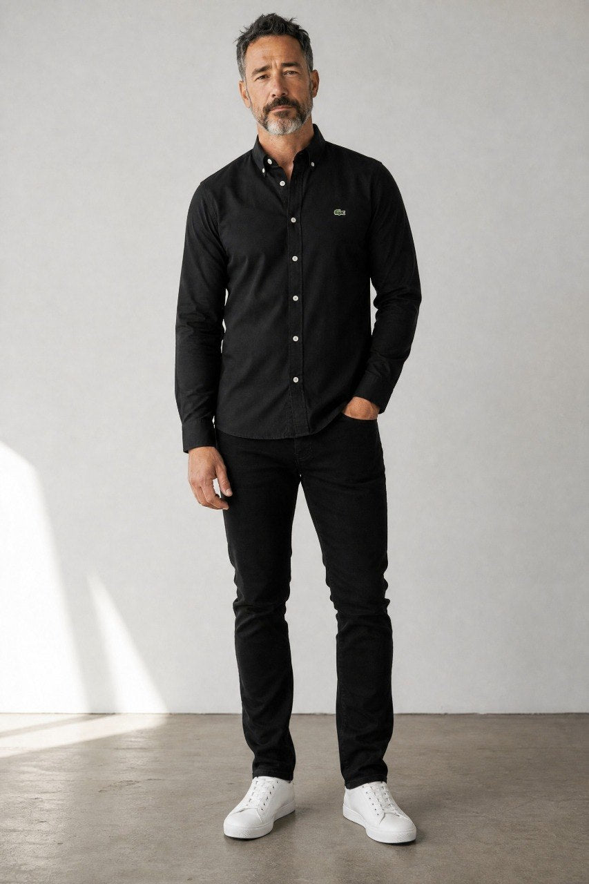 Lacoste Premium Black Button Down Oxford Shirt for Men β Luxury Smart Casual Long Sleeve Designer Essential π€β¨