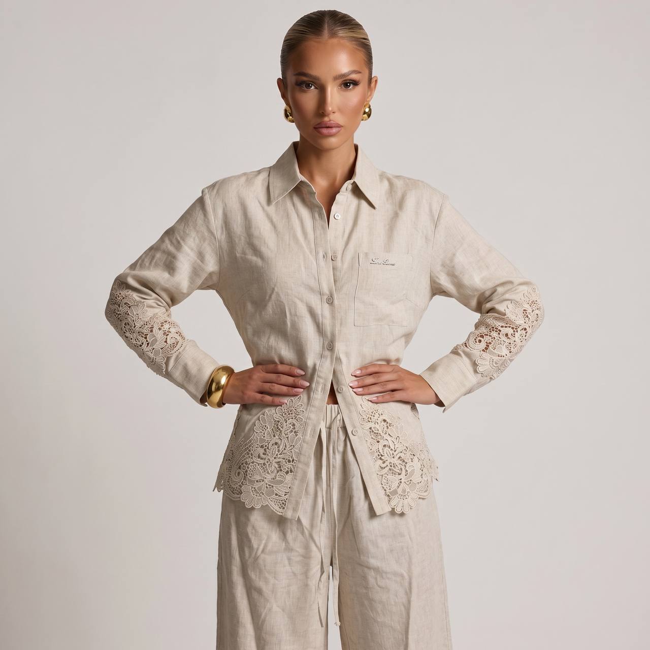 π€ Loro Piana Beige Linen Lace Full Set β Shirt & Wide-Leg Pants β¨