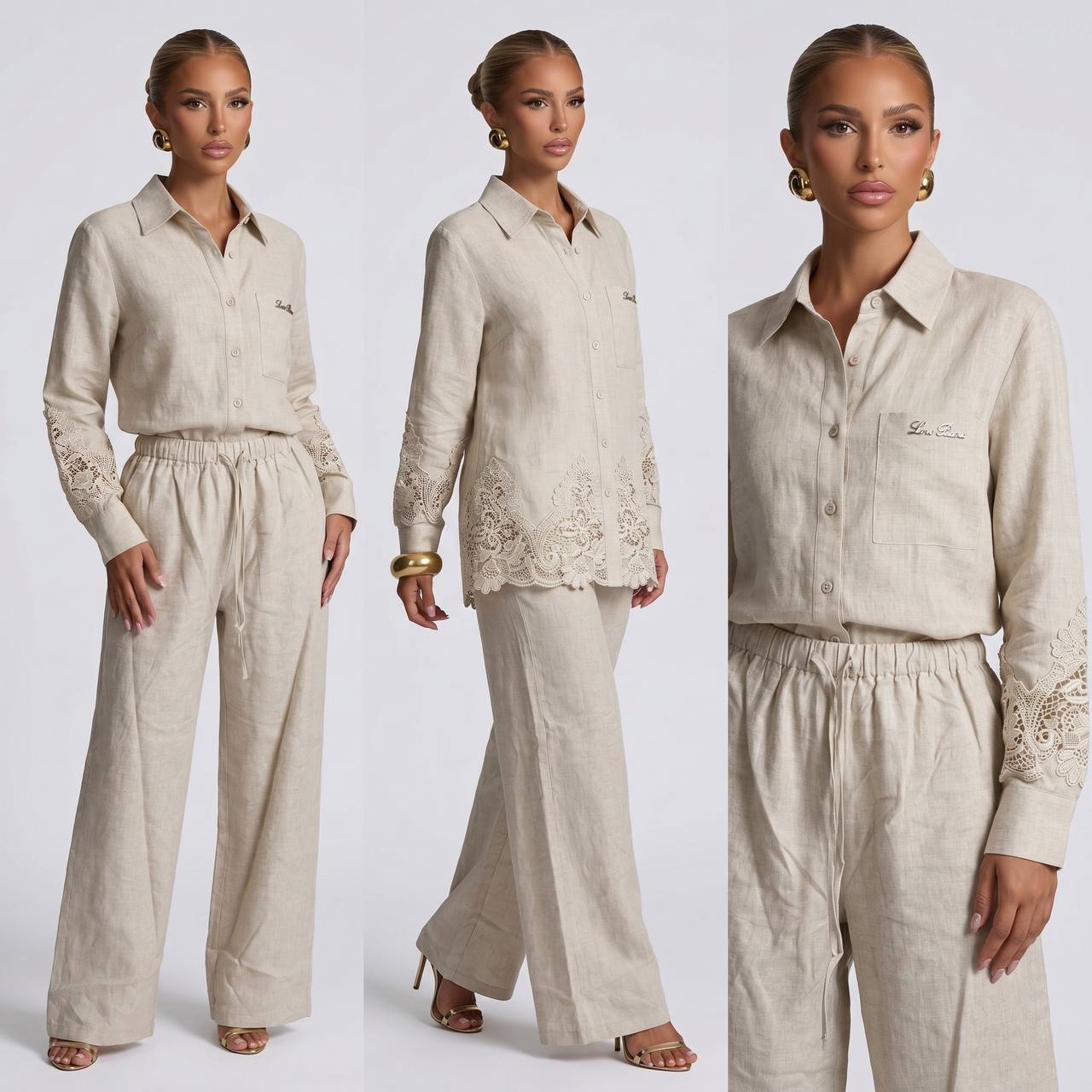 🤍 Loro Piana Beige Linen Lace Full Set – Shirt & Wide-Leg Pants ✨