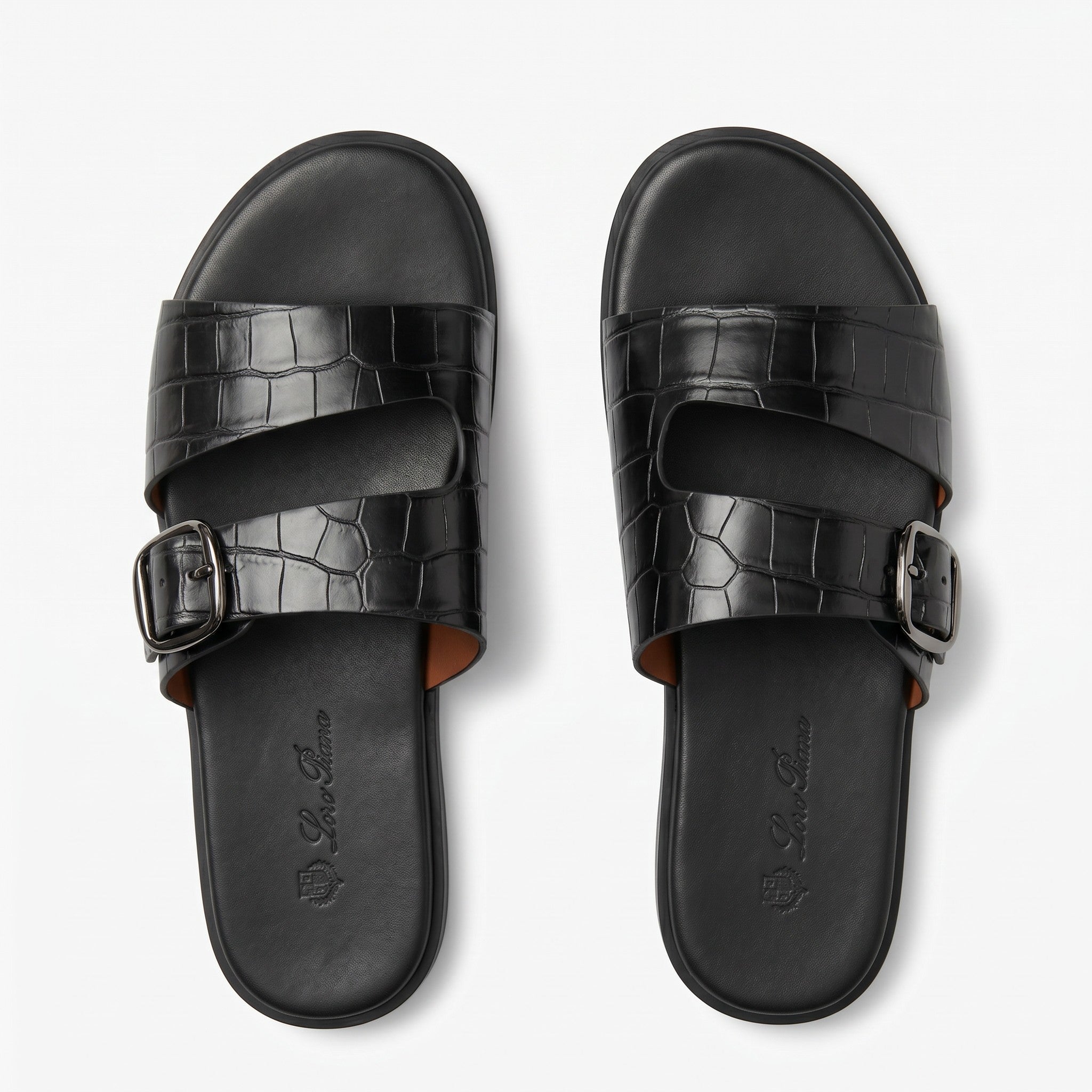 Loro Piana Crocodile Embossed Double Strap Slides – Black