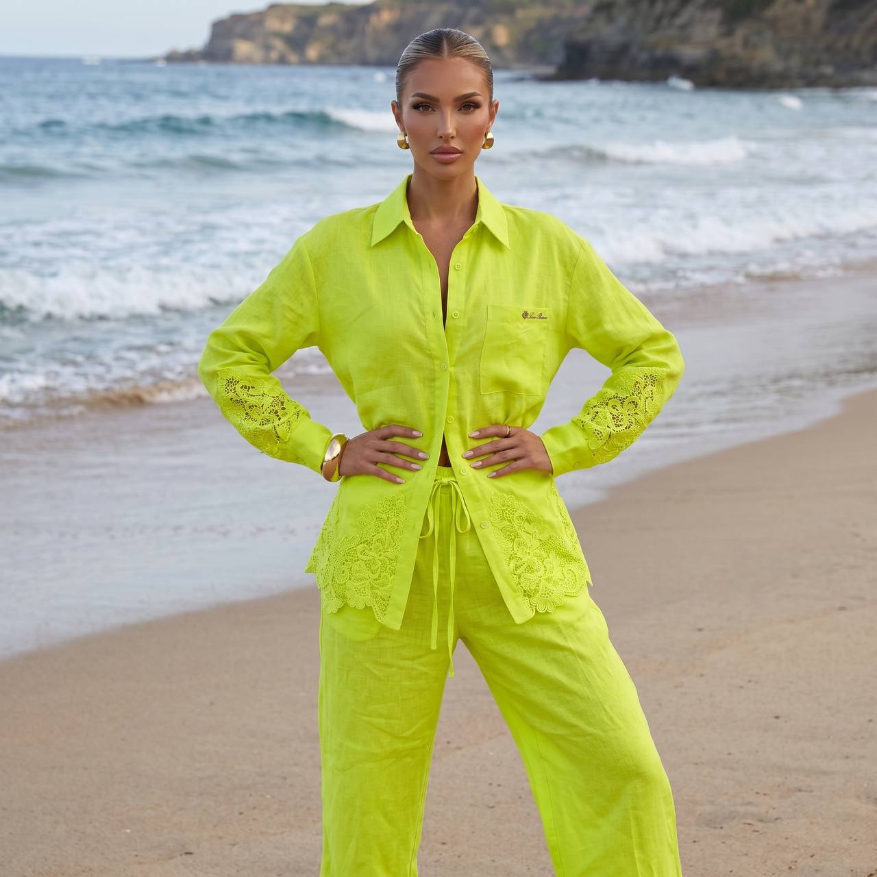 💚 Loro Piana Lime Green Linen Lace Full Set – Shirt & Wide-Leg Pants ✨