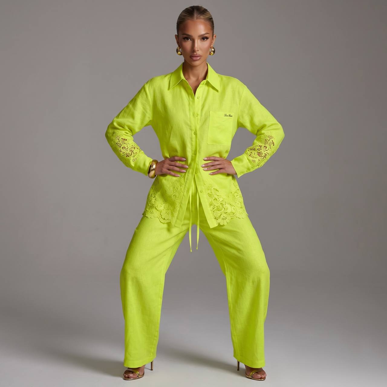 π Loro Piana Lime Green Linen Lace Full Set β Shirt & Wide-Leg Pants β¨