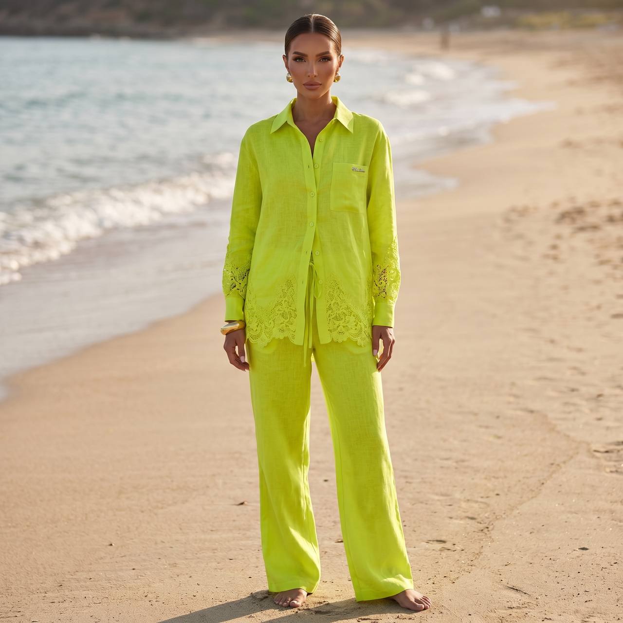 💚 Loro Piana Lime Green Linen Lace Full Set – Shirt & Wide-Leg Pants ✨