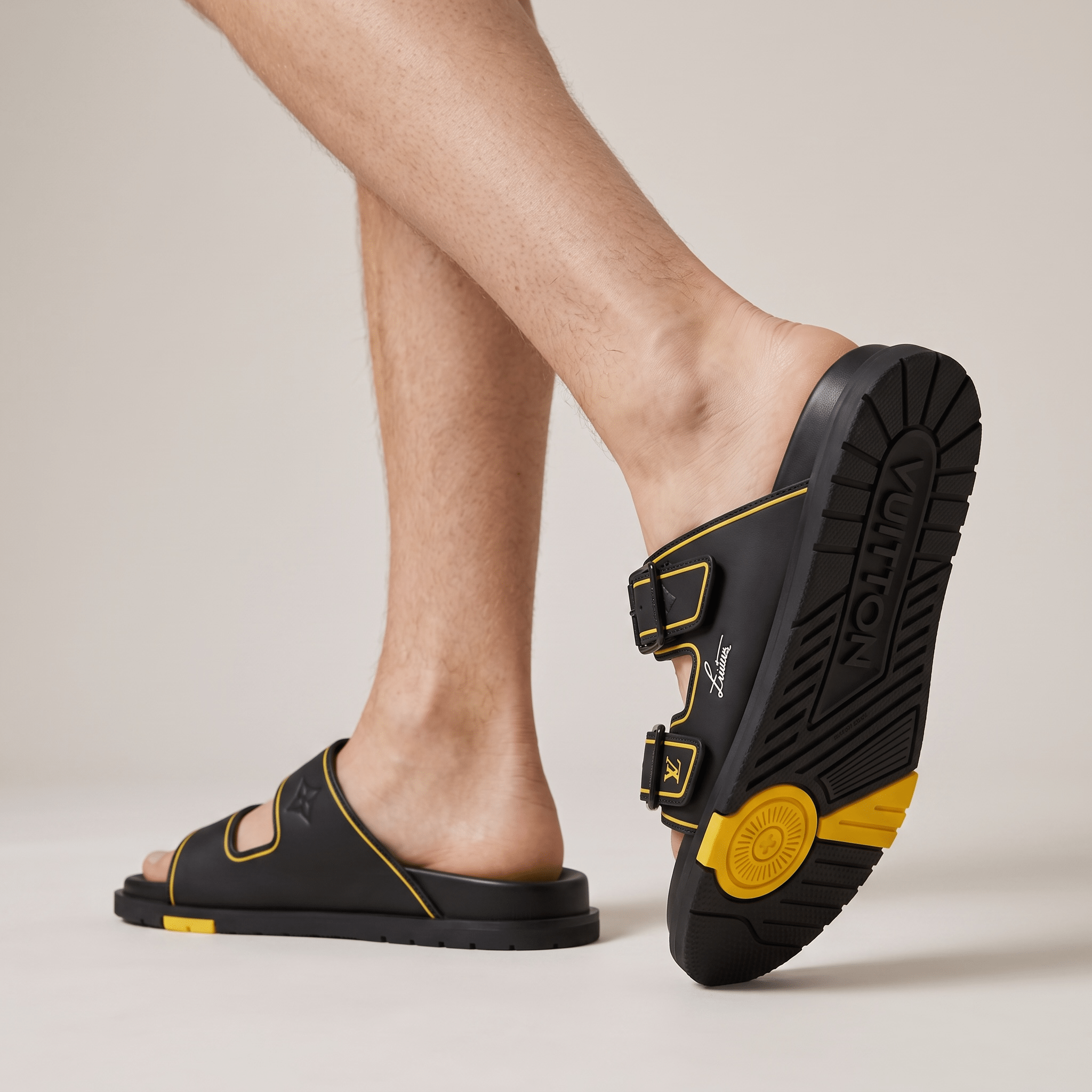 Louis Vuitton Black & Gold Double Buckle Luxury Slides