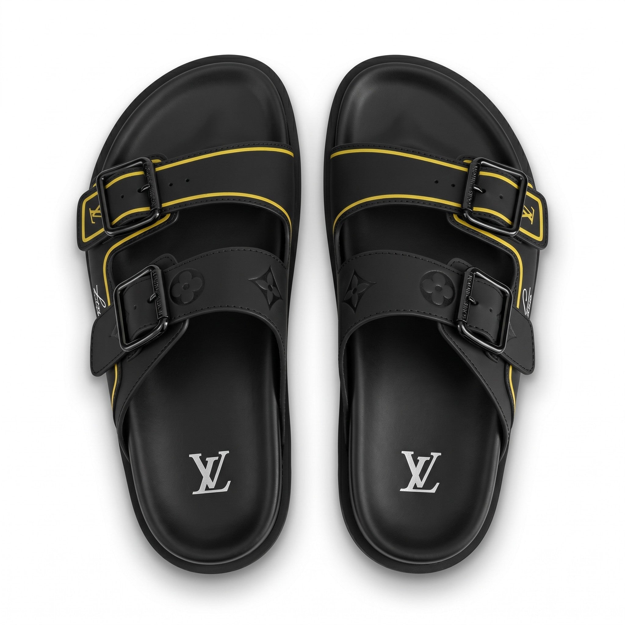 Louis Vuitton Black & Gold Double Buckle Luxury Slides
