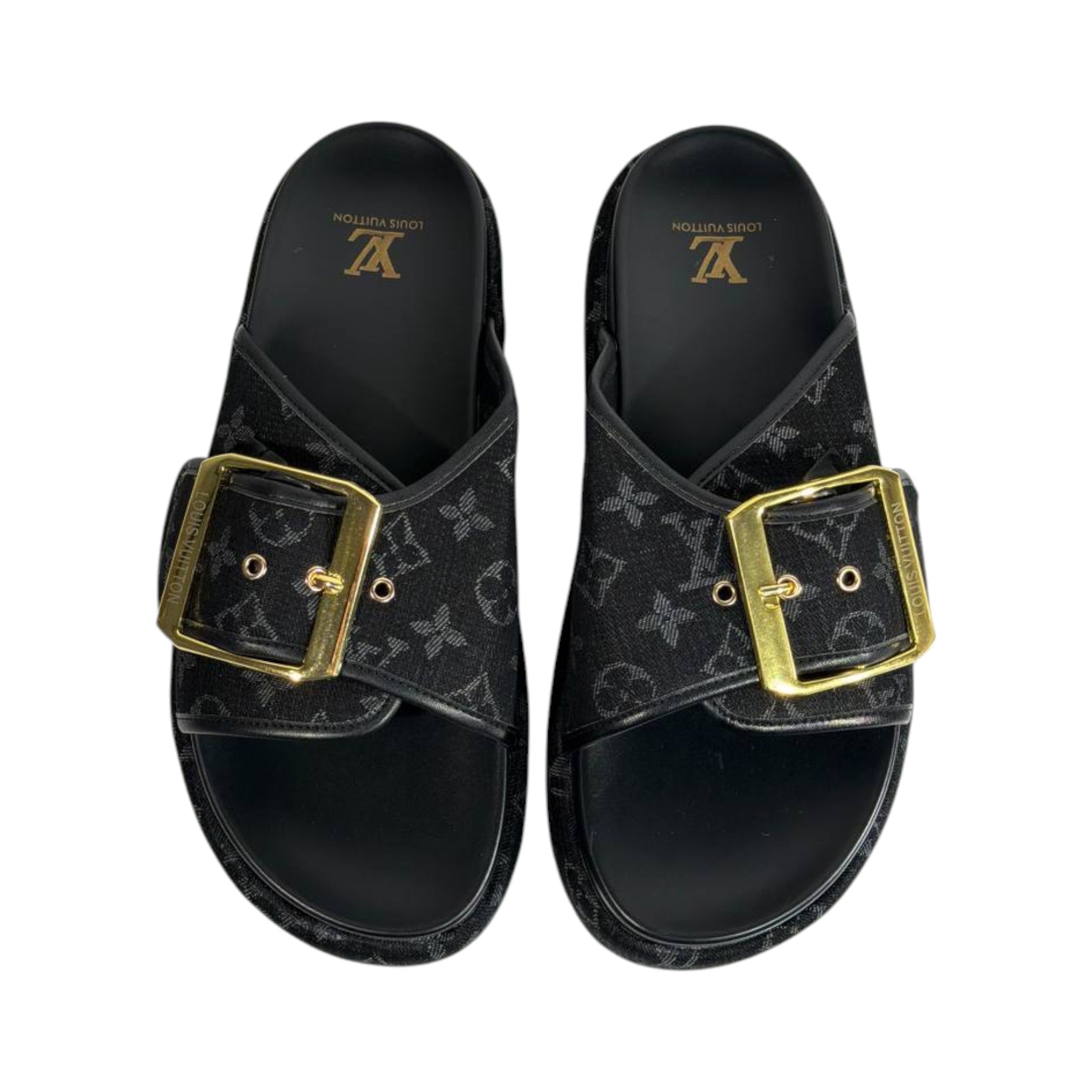 Louis Vuitton Black Monogram Buckle Slides – Luxury Platform Sandals 🖤✨
