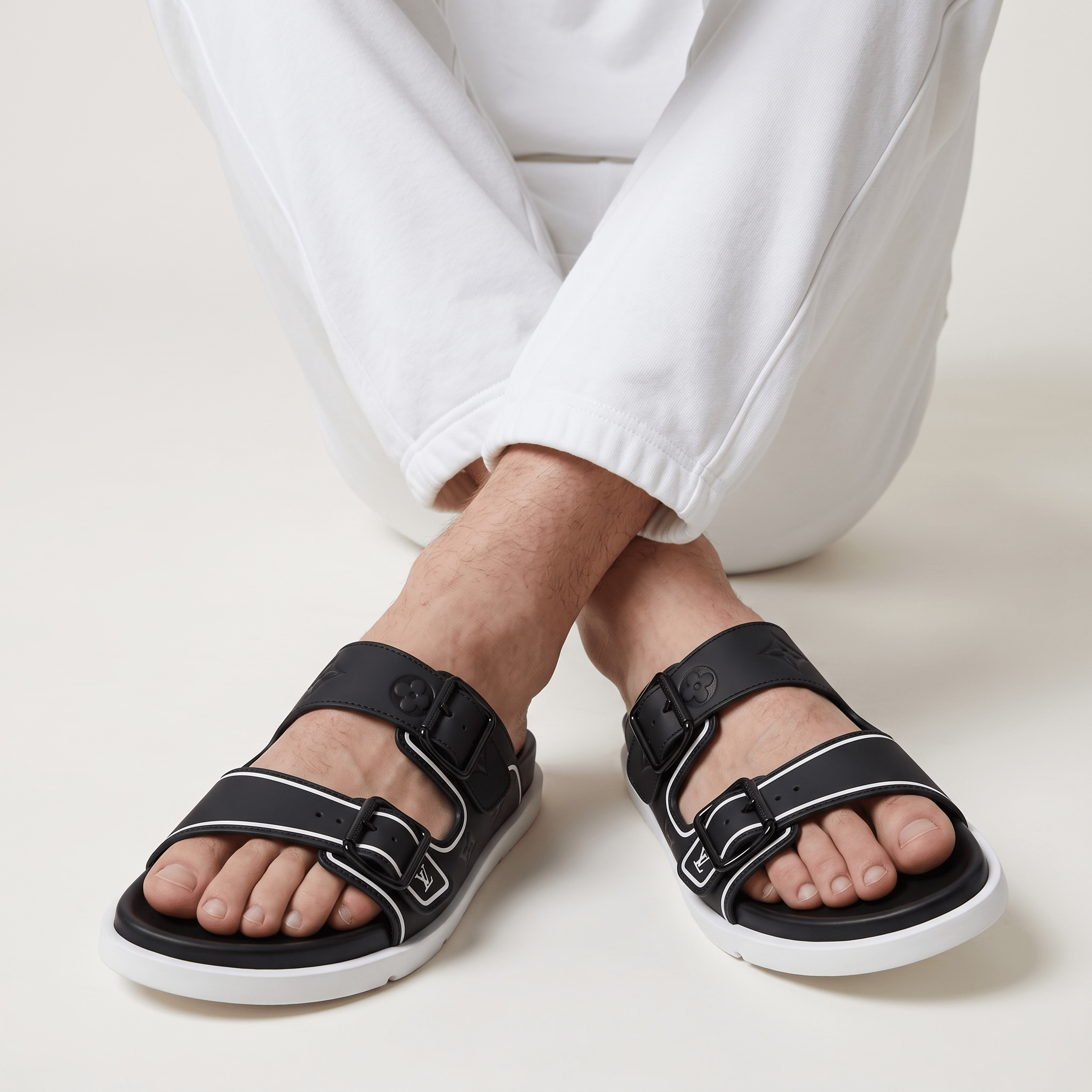 Louis Vuitton Black Monogram Double Buckle Slides
