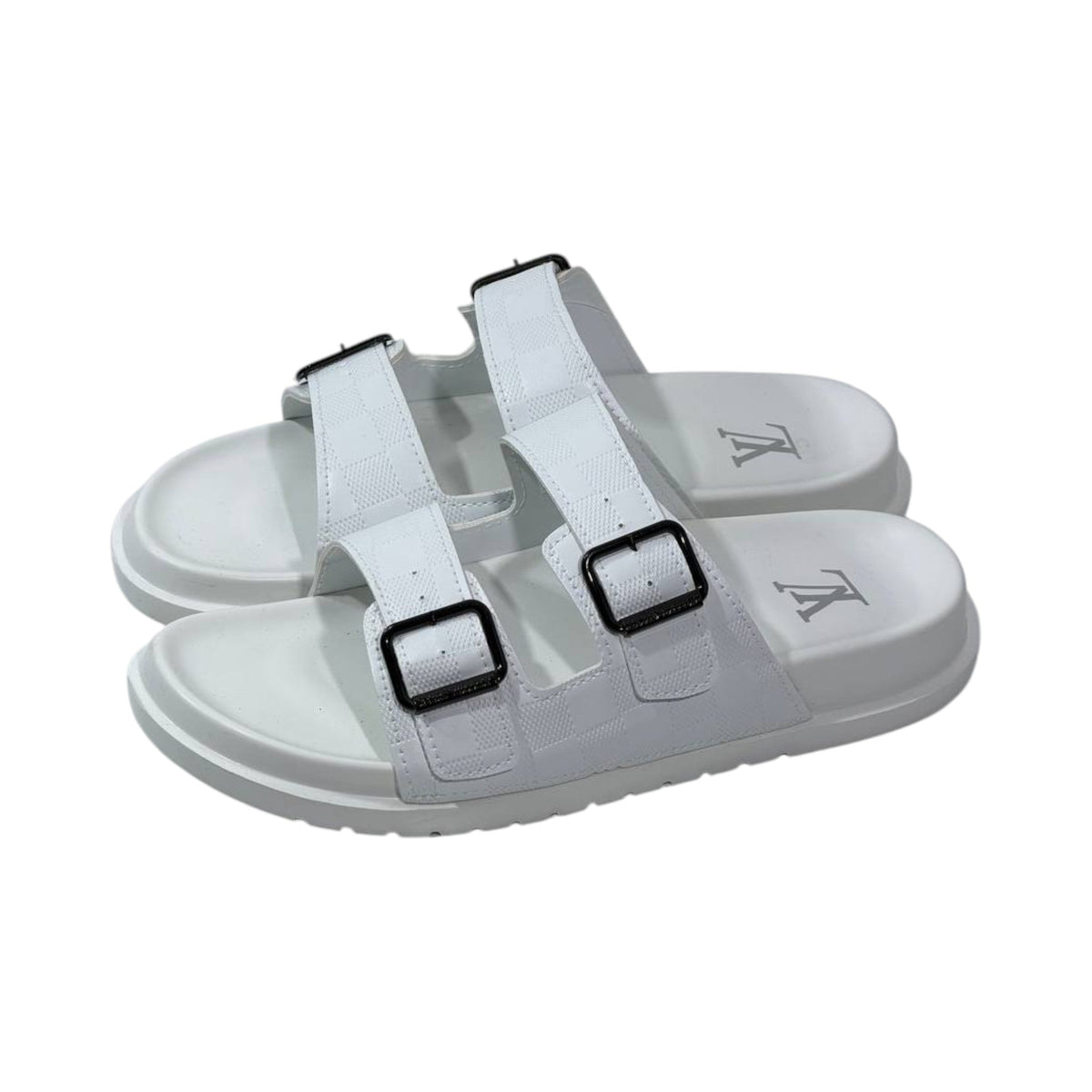 🤍 Louis Vuitton Damier Azur Double-Buckle Slides – Clean Luxury, Timeless Style