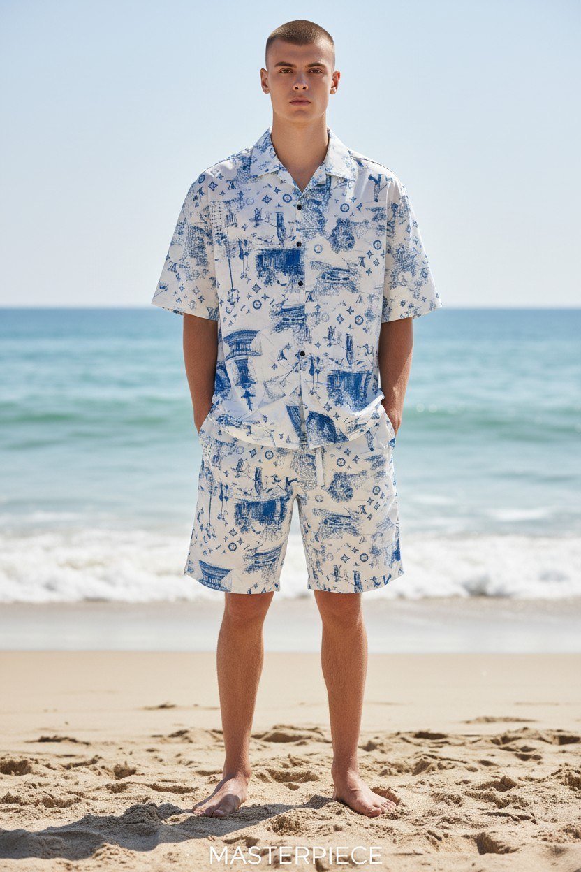 Louis Vuitton Inspired Beach Resort Co-Ord Set for Men β Luxury Monogram Printed Summer Shirt & Shorts Outfit πβ¨