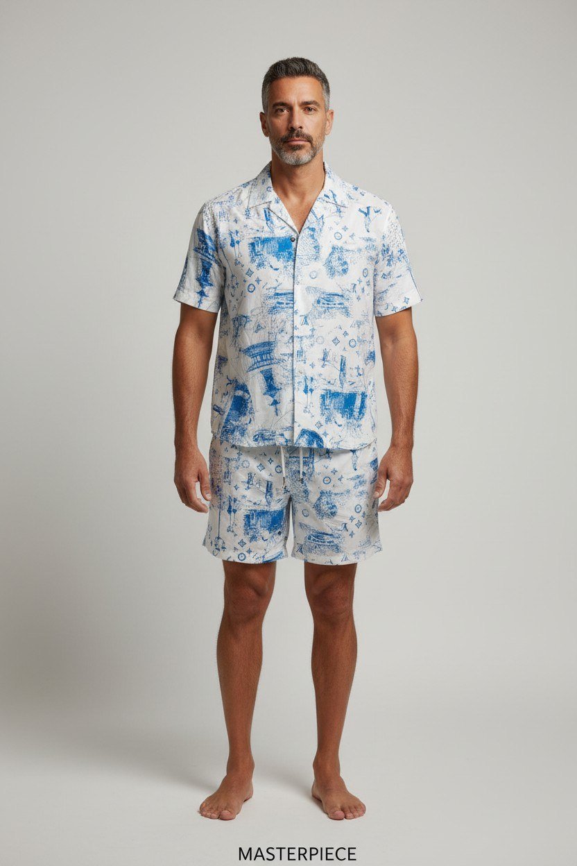 Louis Vuitton Inspired Beach Resort Co-Ord Set for Men β Luxury Monogram Printed Summer Shirt & Shorts Outfit πβ¨