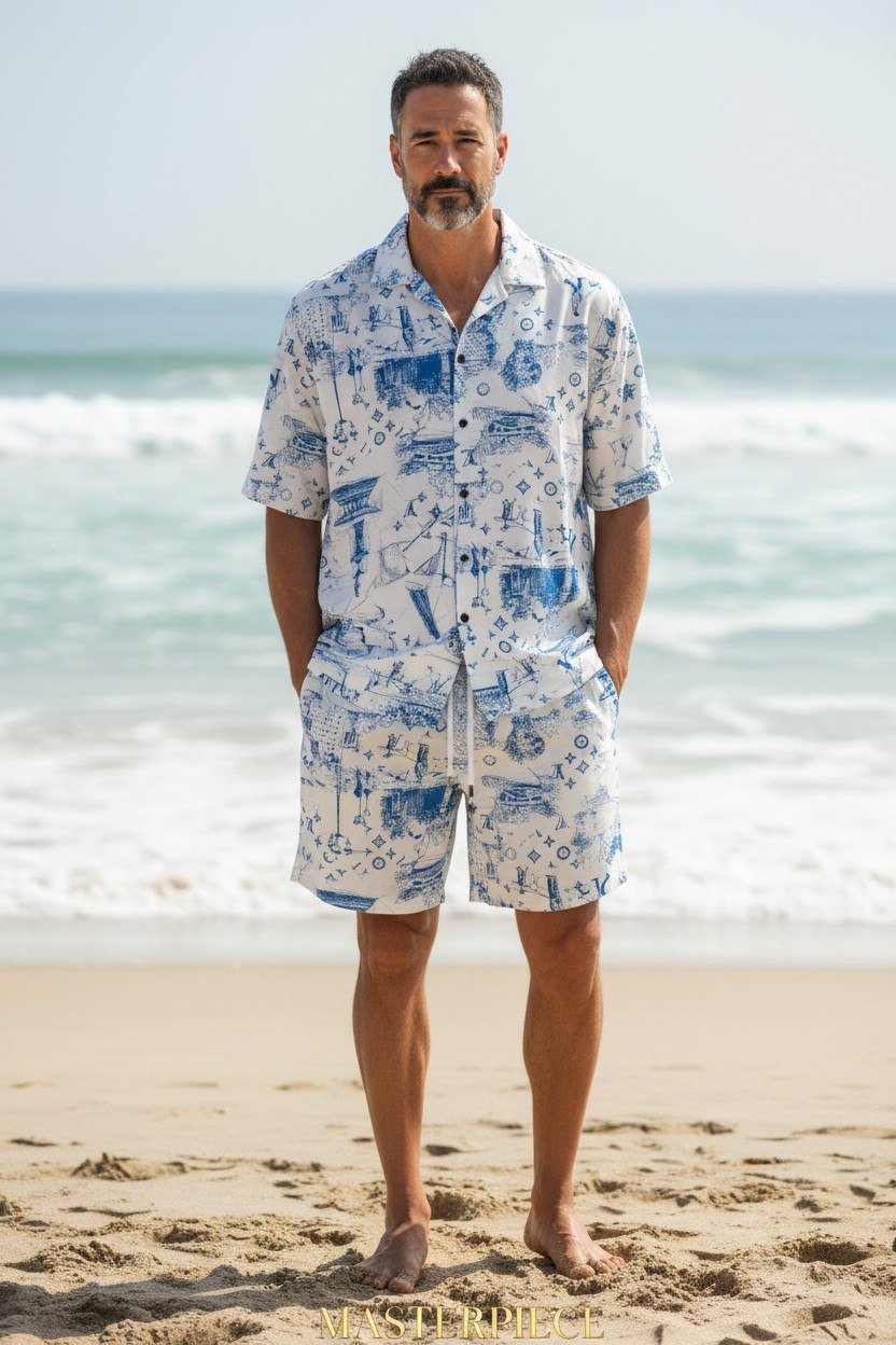 Louis Vuitton Inspired Beach Resort Co-Ord Set for Men β Luxury Monogram Printed Summer Shirt & Shorts Outfit πβ¨