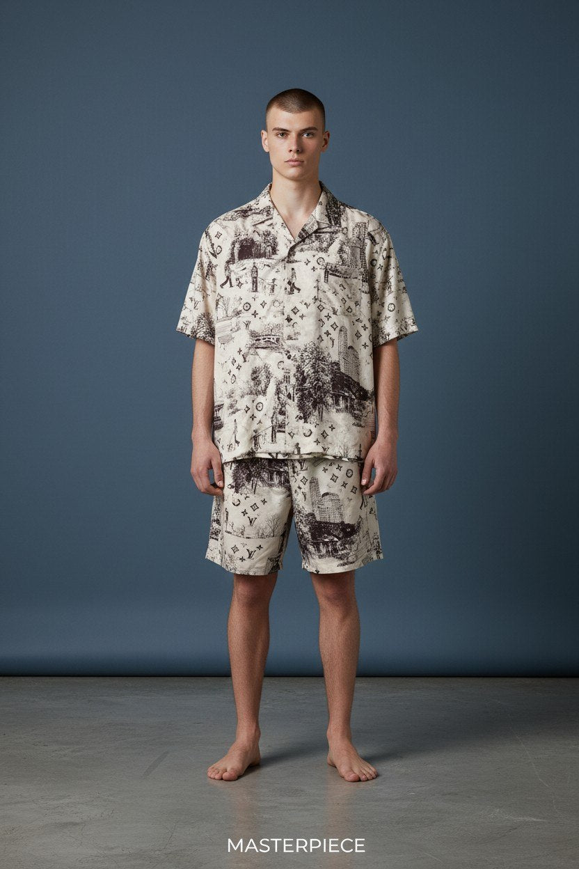 Louis Vuitton Monogram Resort Co-Ord Set for Men β Premium Printed Shirt & Shorts Summer Outfit β¨