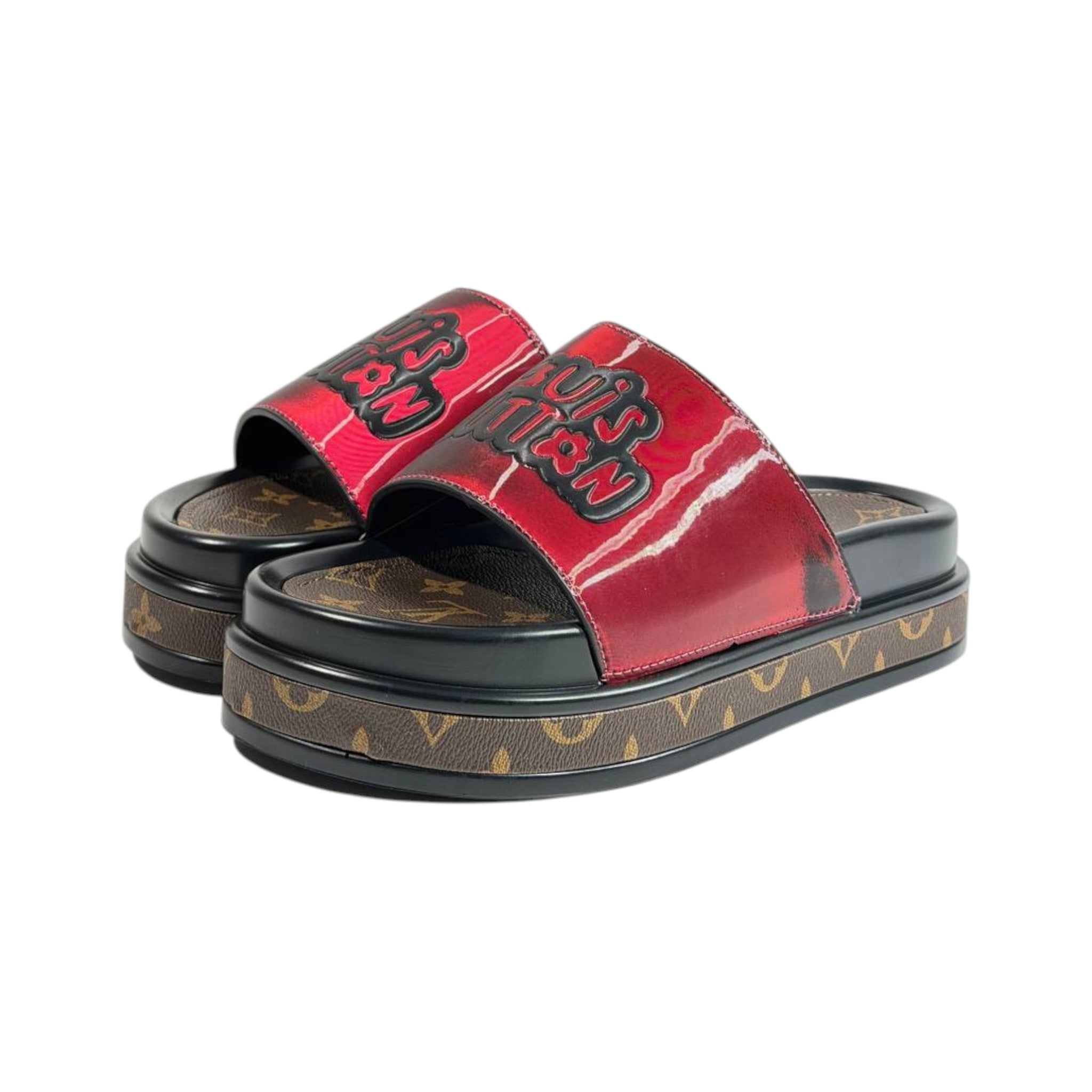 Louis Vuitton Red Platform Slides – Luxury Monogram Statement Sandals ❤️👡