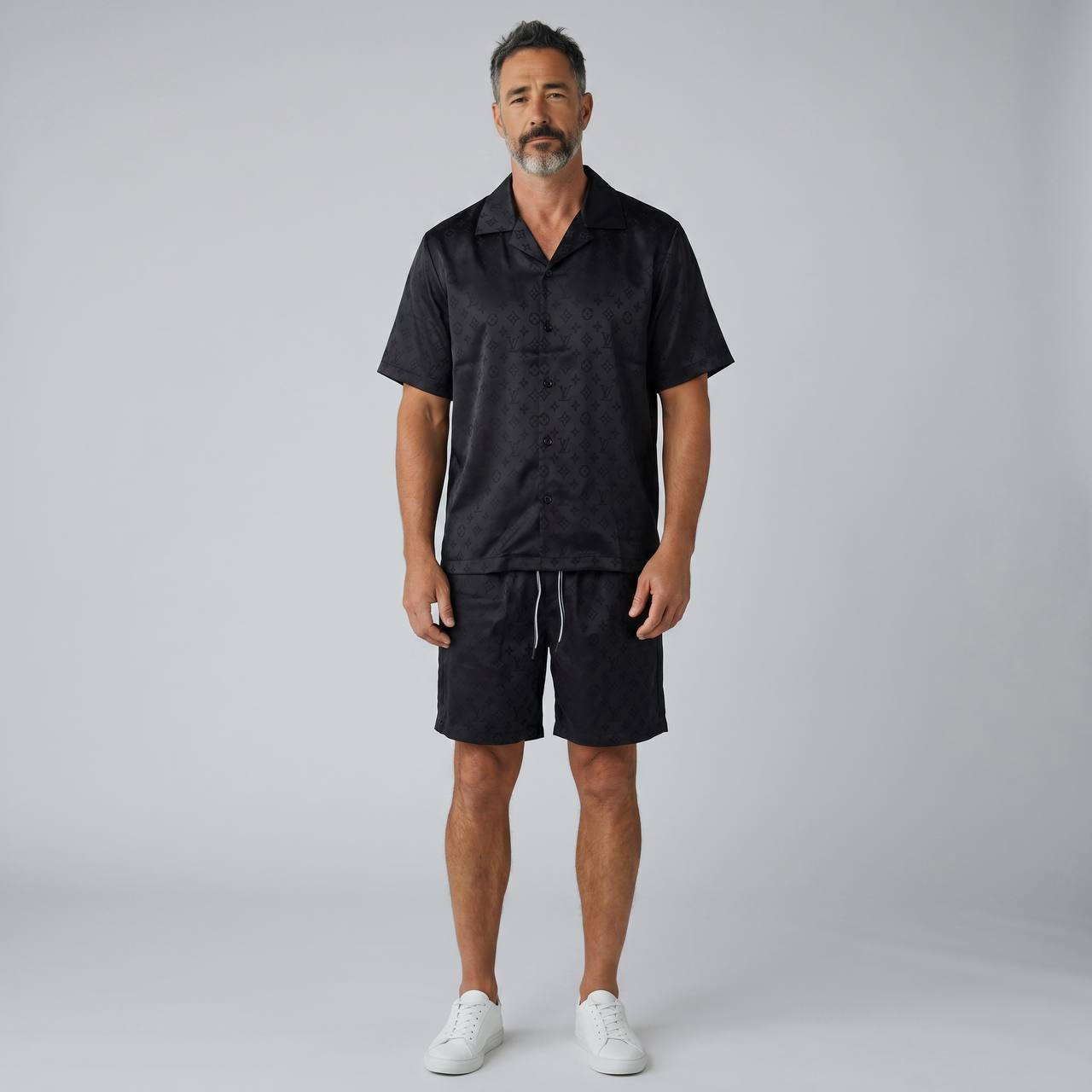 🖤 Louis Vuitton Style Black Monogram Set – Sleek Luxury Co-Ord 👕🩳✨