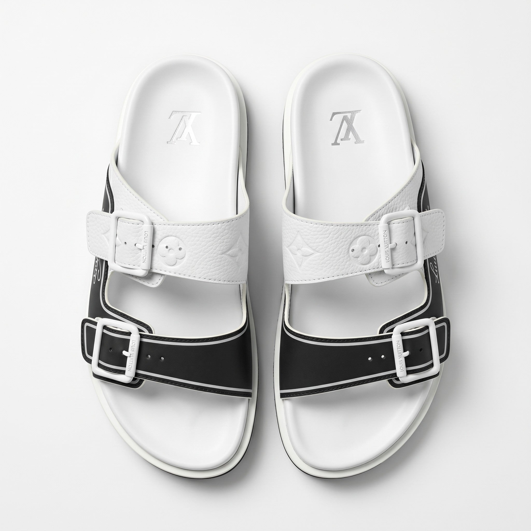 Louis Vuitton White & Black Double Buckle Luxury Slides
