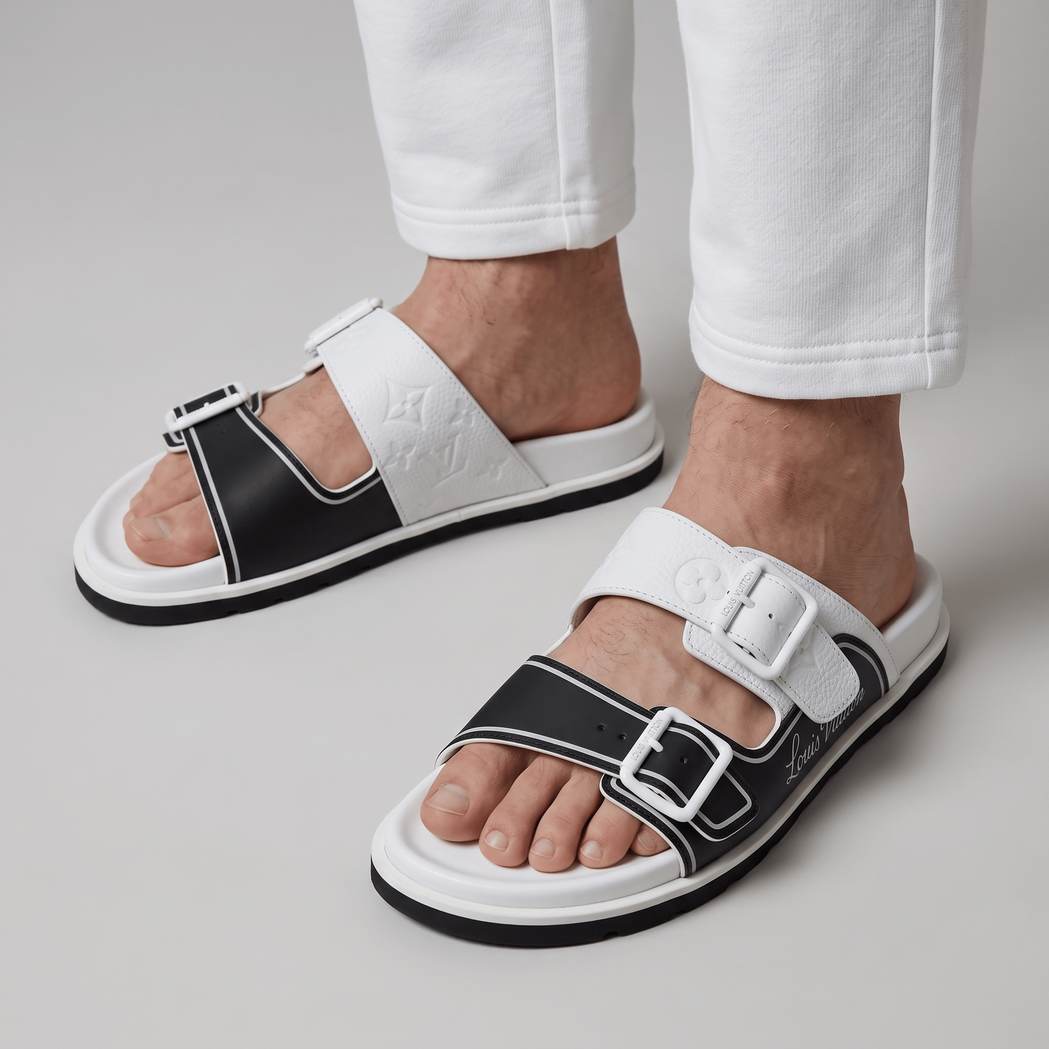 Louis Vuitton White & Black Double Buckle Luxury Slides