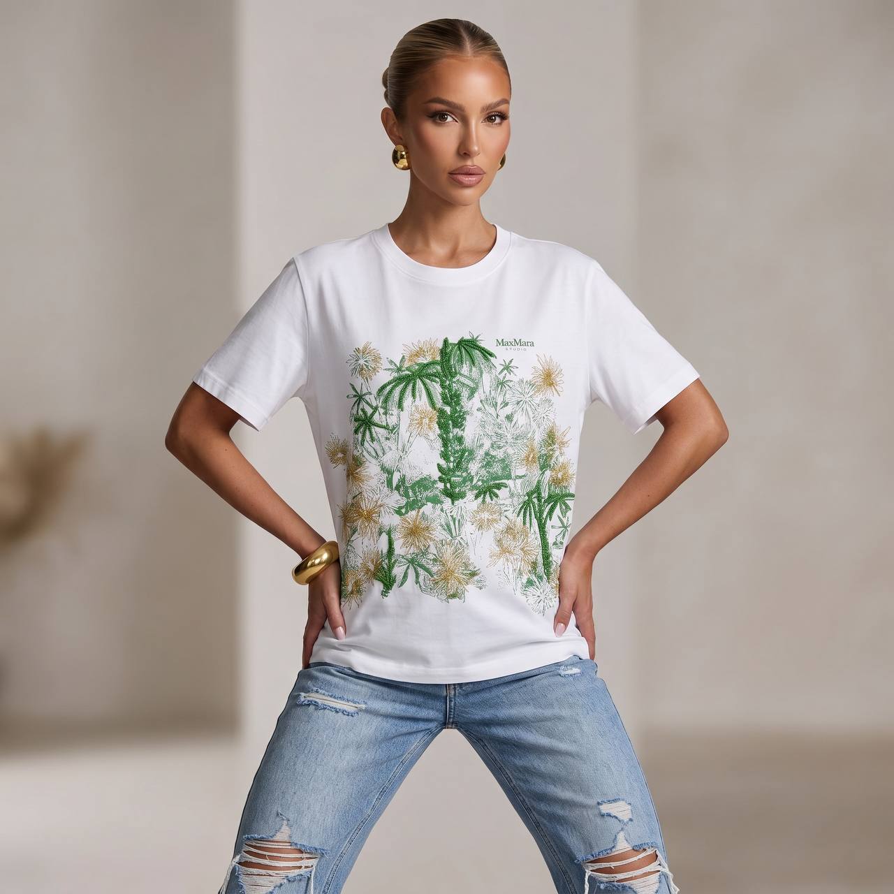 π€ Max Mara White Botanical Graphic T-Shirt β Green & Gold Floral Tee πΏβ¨