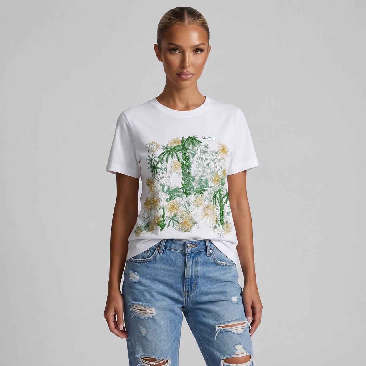 π€ Max Mara White Botanical Graphic T-Shirt β Green & Gold Floral Tee πΏβ¨