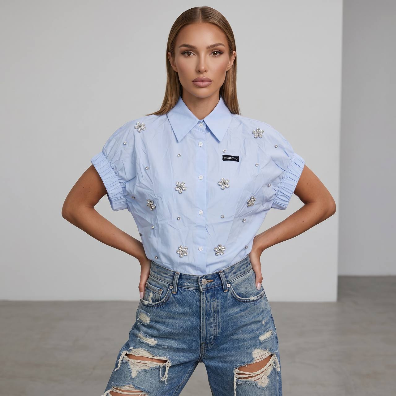 Miu Miu Baby Blue Crystal Flower Embellished Shirt 🩵✨