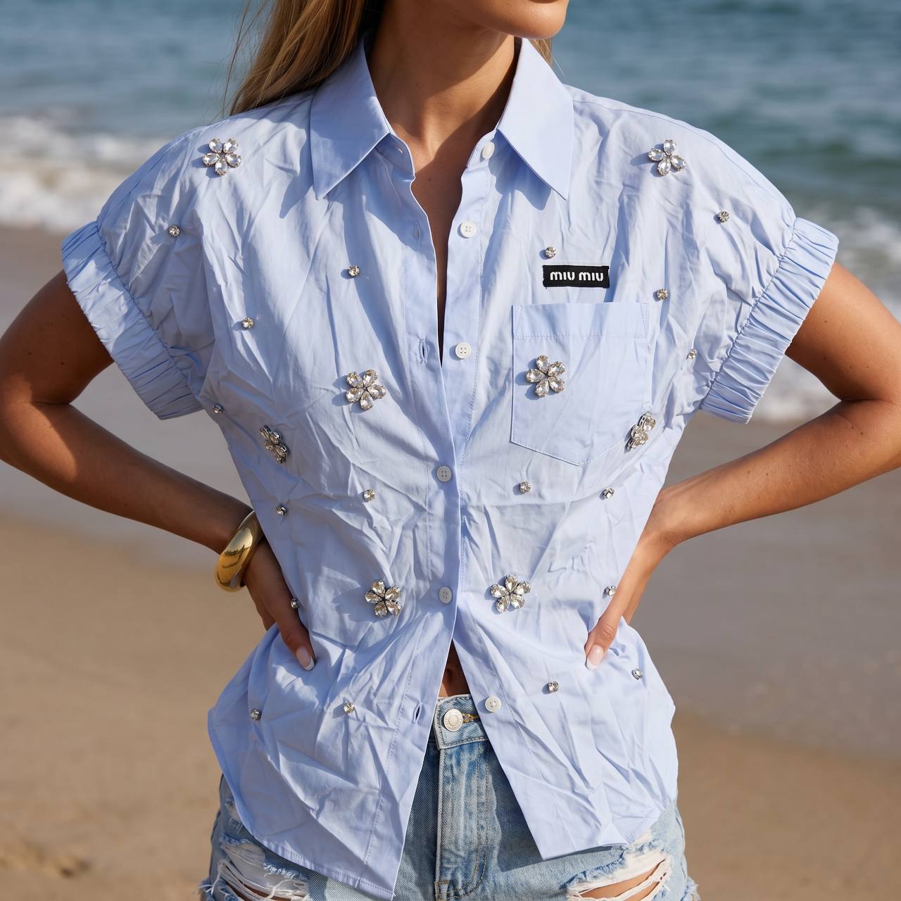 Miu Miu Baby Blue Crystal Flower Embellished Shirt π©΅β¨
