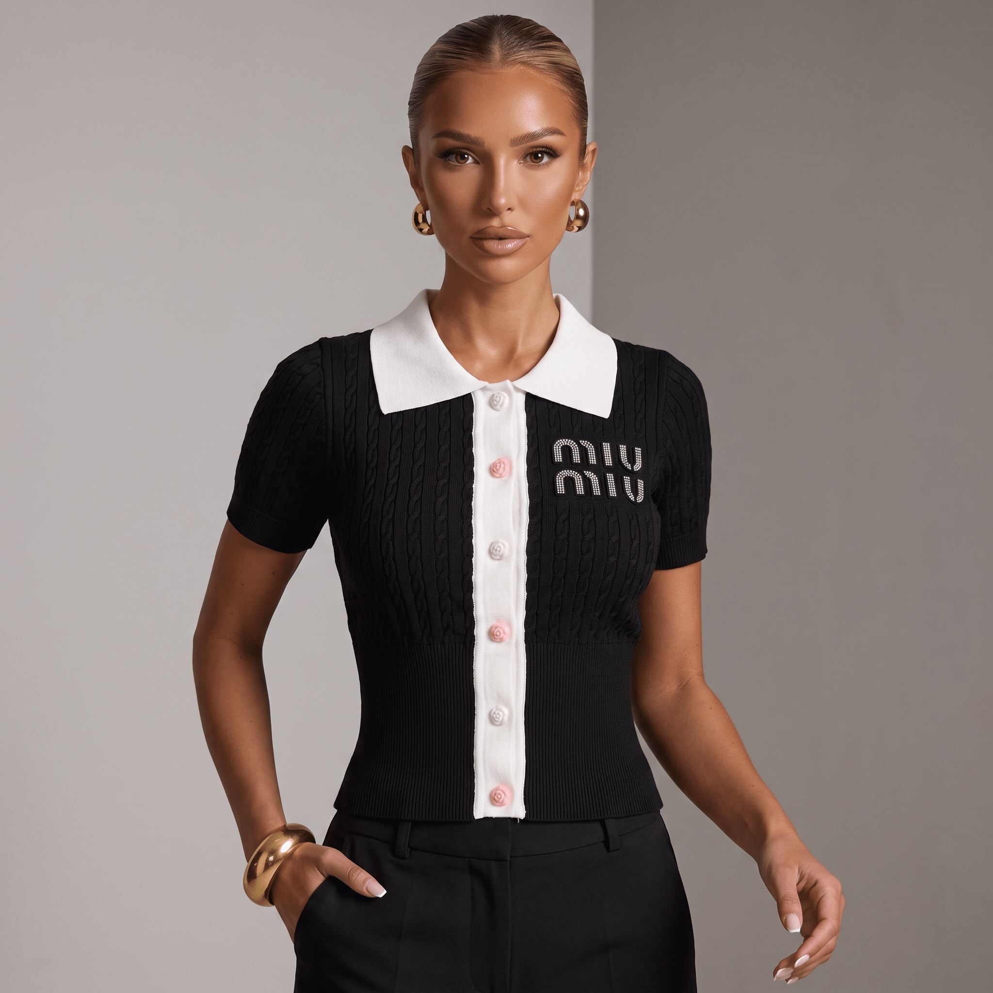 π€ Miu Miu Cable Knit Contrast Collar Polo Top (one size)