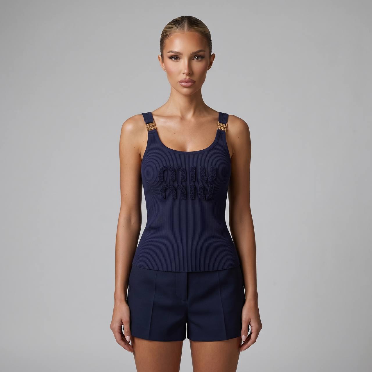 Miu Miu Navy Ribbed Logo Tank Top πβ¨
