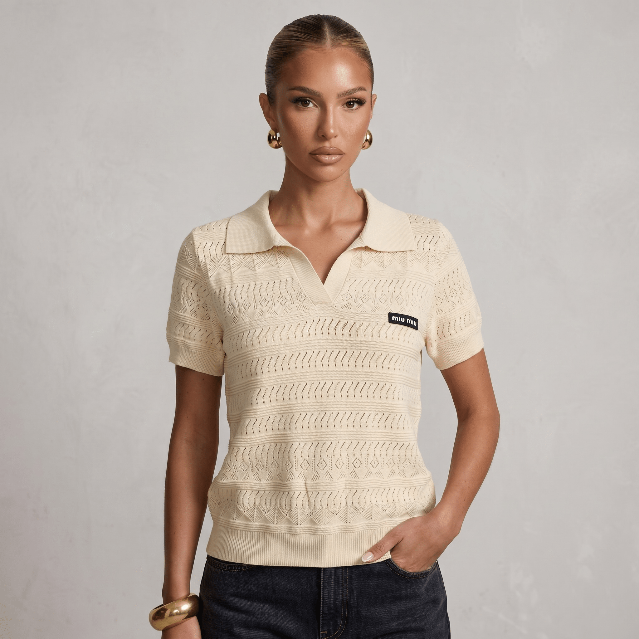 β¨ Miu Miu Pointelle Knit Polo Top β Ivory (one size)