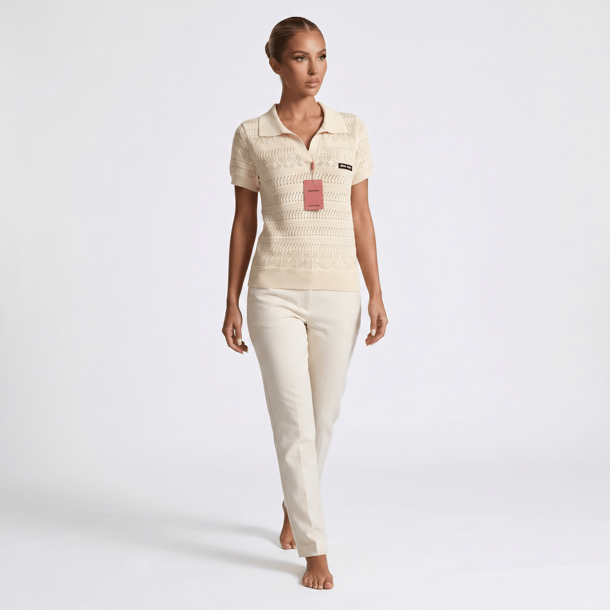 β¨ Miu Miu Pointelle Knit Polo Top β Ivory (one size)