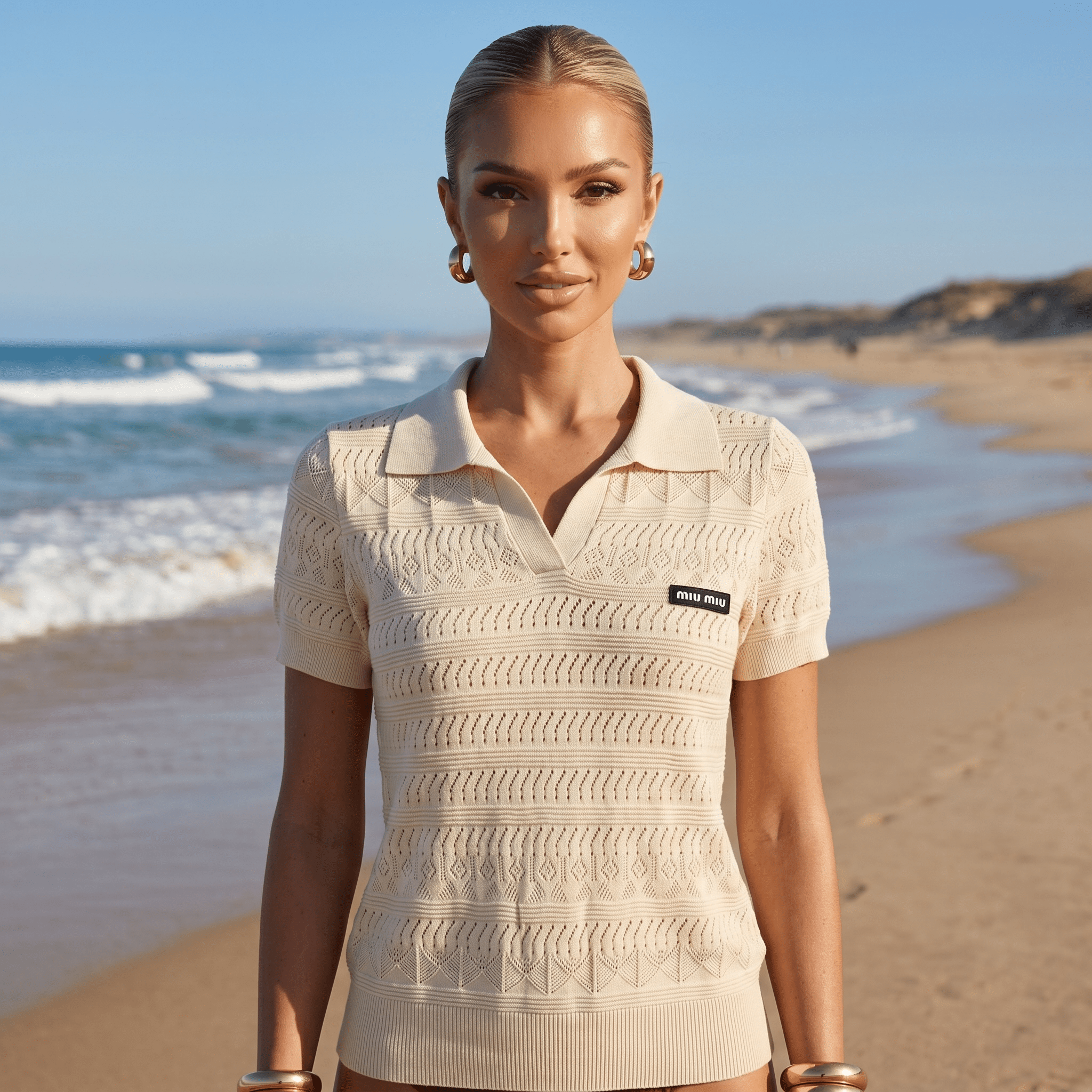 β¨ Miu Miu Pointelle Knit Polo Top β Ivory (one size)