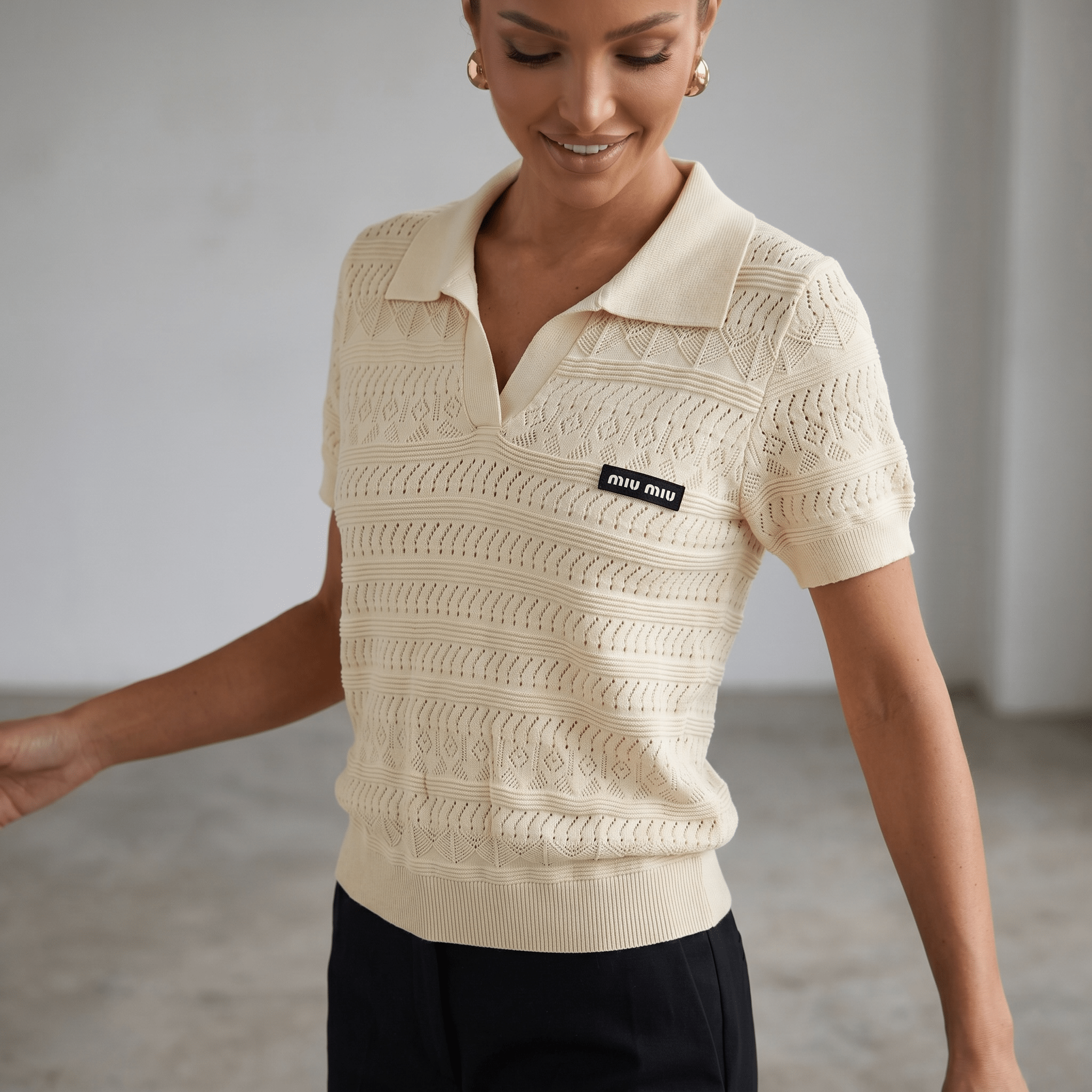 β¨ Miu Miu Pointelle Knit Polo Top β Ivory (one size)