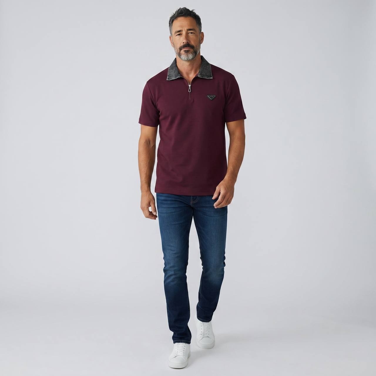Prada Milano Denim Collar Zip Polo β Burgundy Edition π·β¨