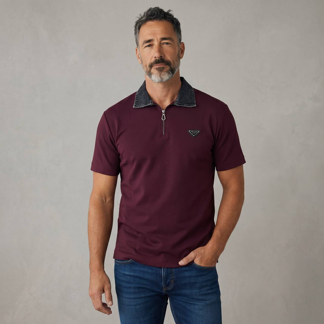 Prada Milano Denim Collar Zip Polo β Burgundy Edition π·β¨