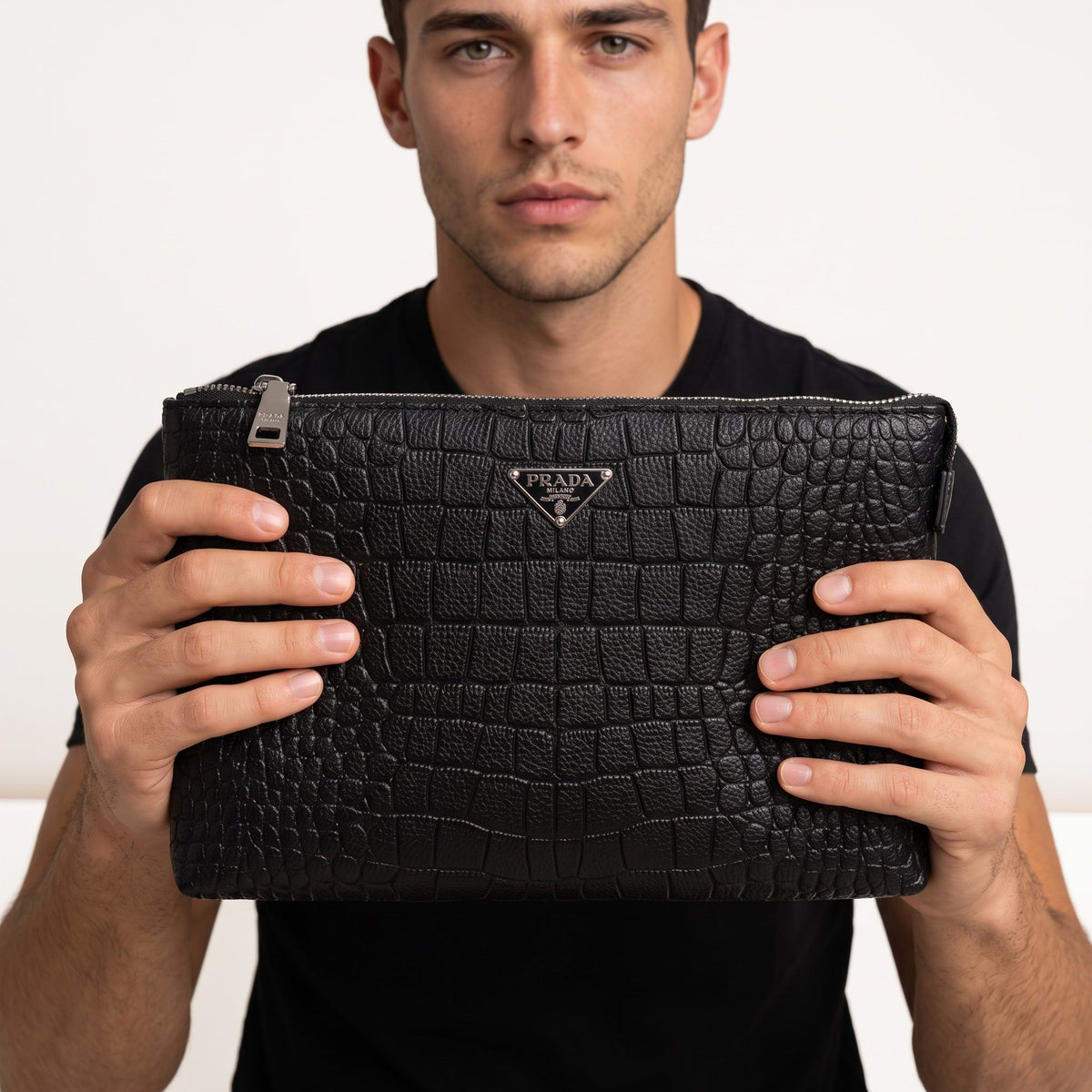 Prada Zip Croc Embossed Pouch β Black