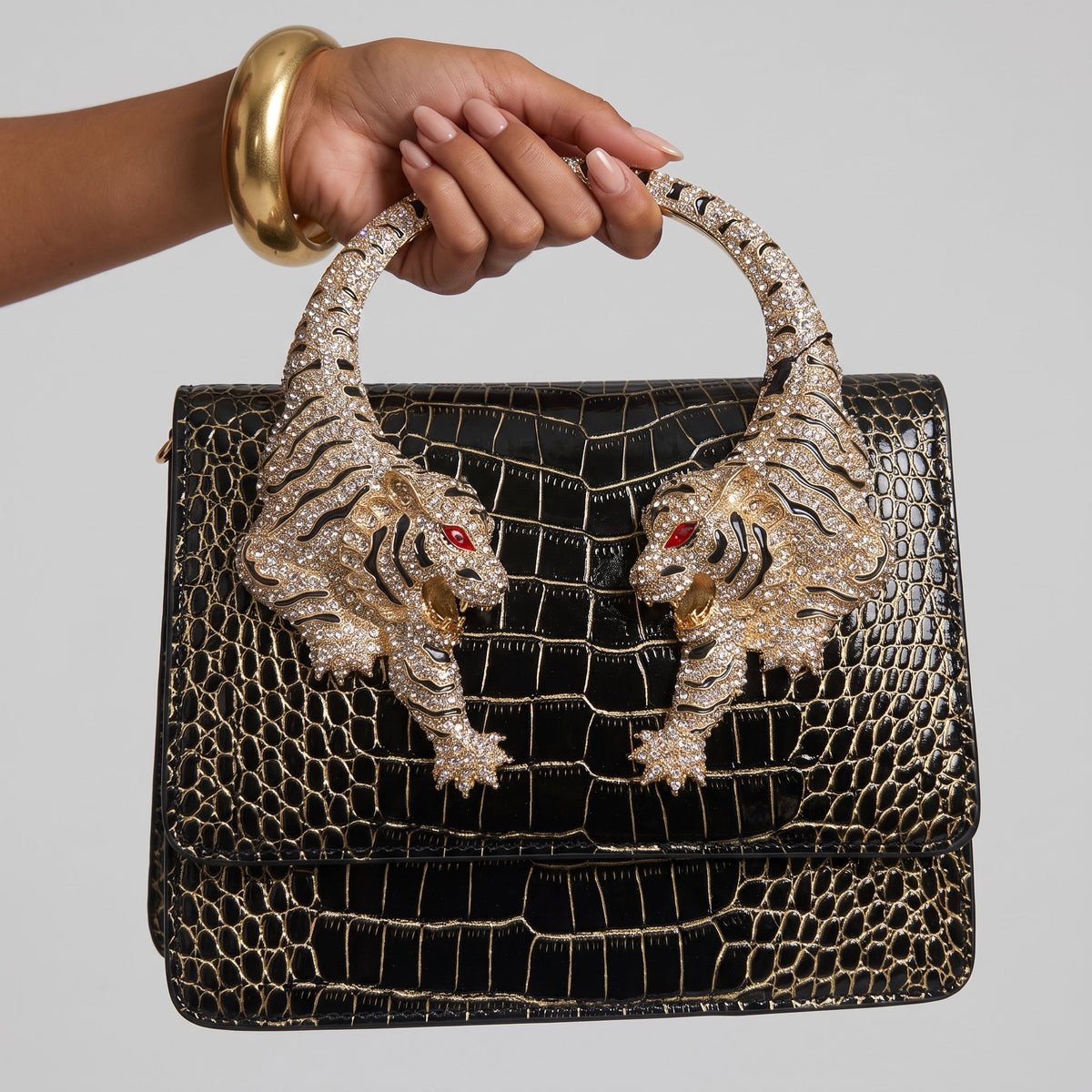 Roberto Cavalli Crystal Tiger Handle Croc-Effect Bag β Black & Gold β¨
