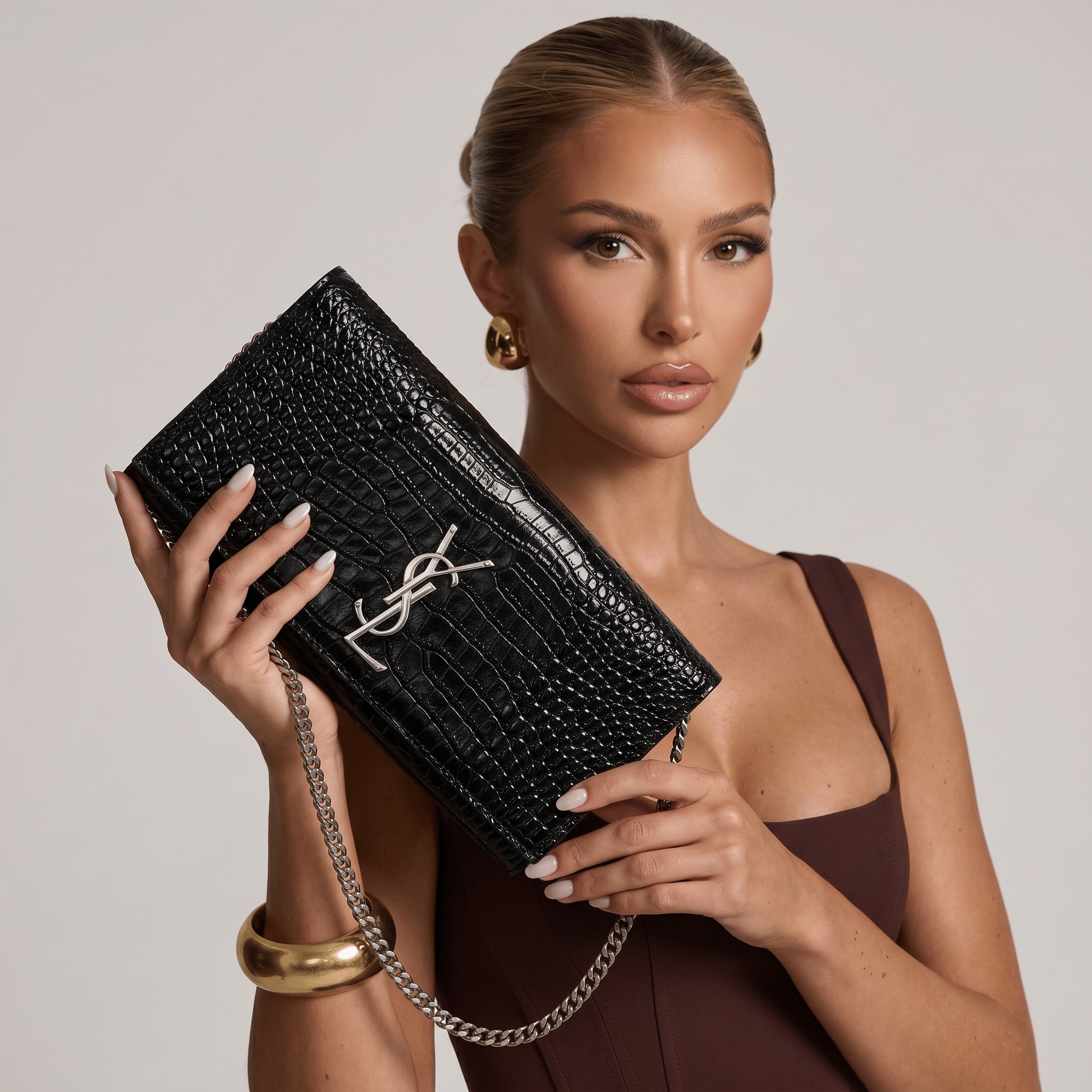 Saint Laurent Black Croc-Embossed Silver YSL Clutch π€β¨π©Άππ₯