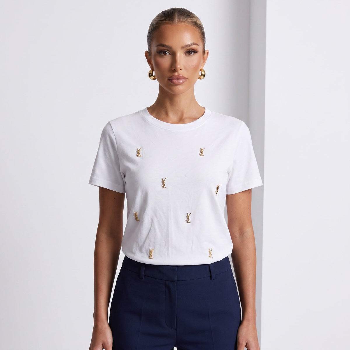 Saint Laurent T-Shirt – White Gold Logo ✨ one size