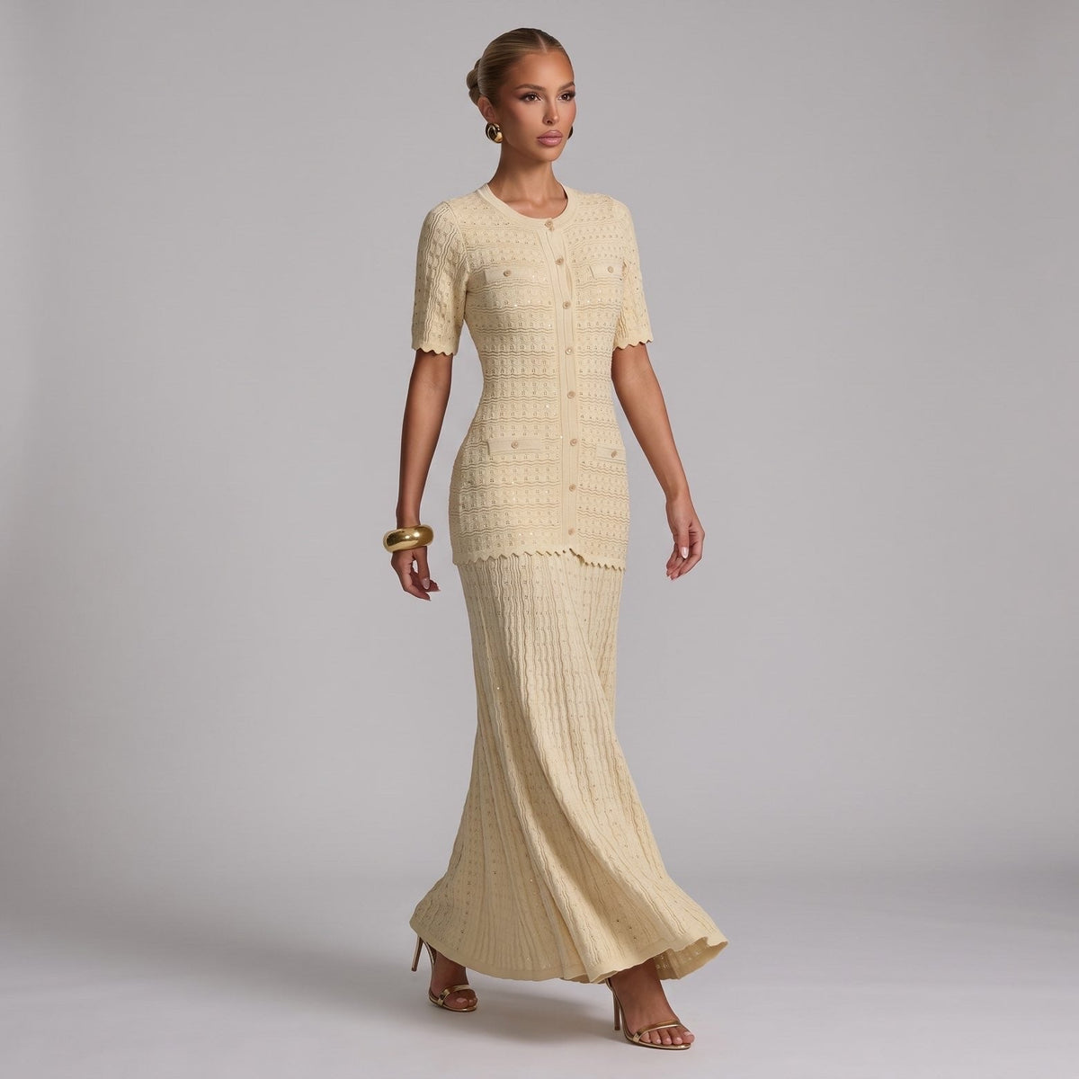 Sandro Paris Knit Short Sleeve Midi Dress — Beige