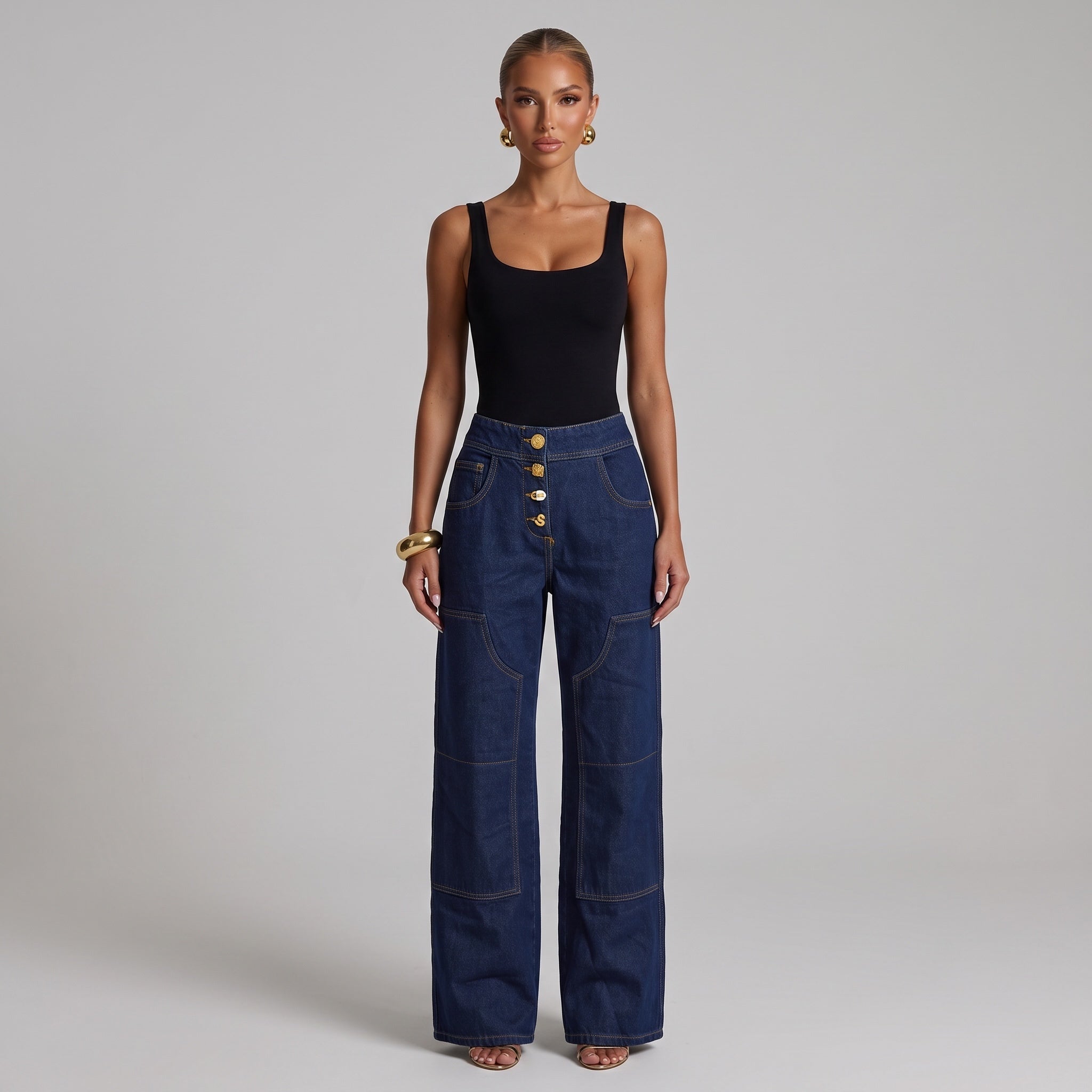 Schiaparelli Gold Charm High-Waist Wide-Leg Jeans – Dark Blue ✨