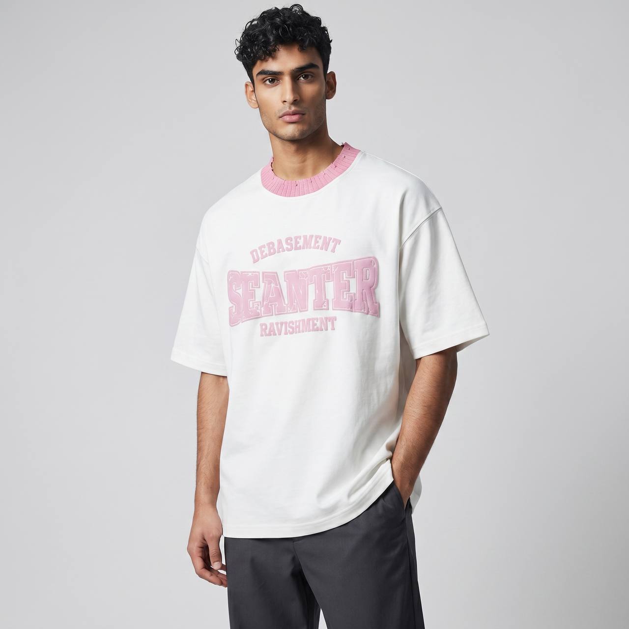 Seanter Oversized Embroidered T-Shirt β Cream & Pink Edition πΈβ¨