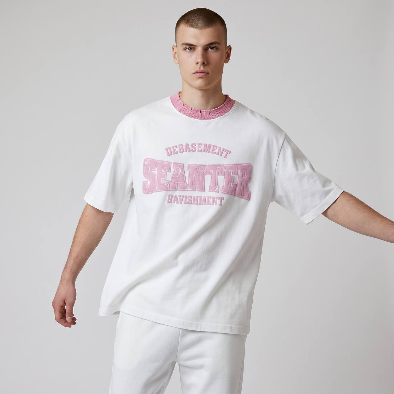 Seanter Oversized Embroidered T-Shirt β Cream & Pink Edition πΈβ¨