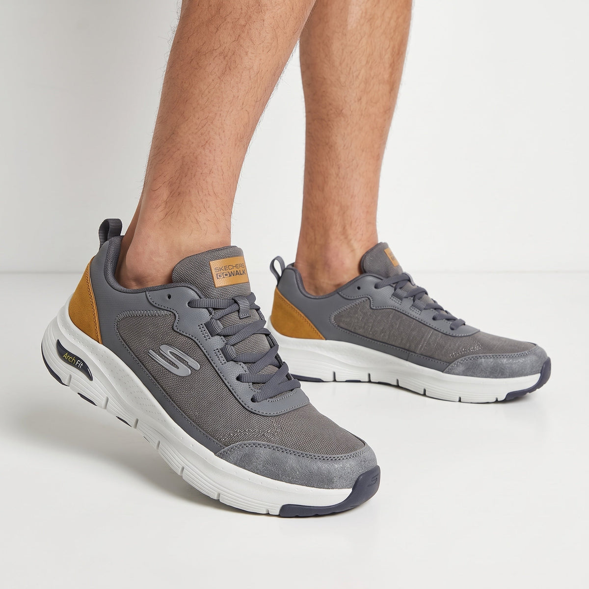 Skechers GoWalk Trainers β Grey & Mustard