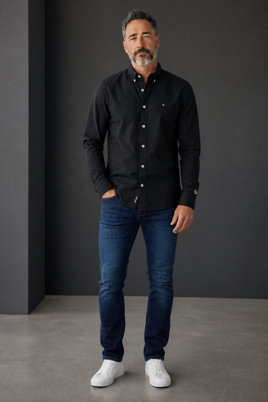Tommy Hilfiger Premium Black Oxford Button Down Long Sleeve Shirt for Men β Luxury Minimal Smart Casual Essential π€β¨