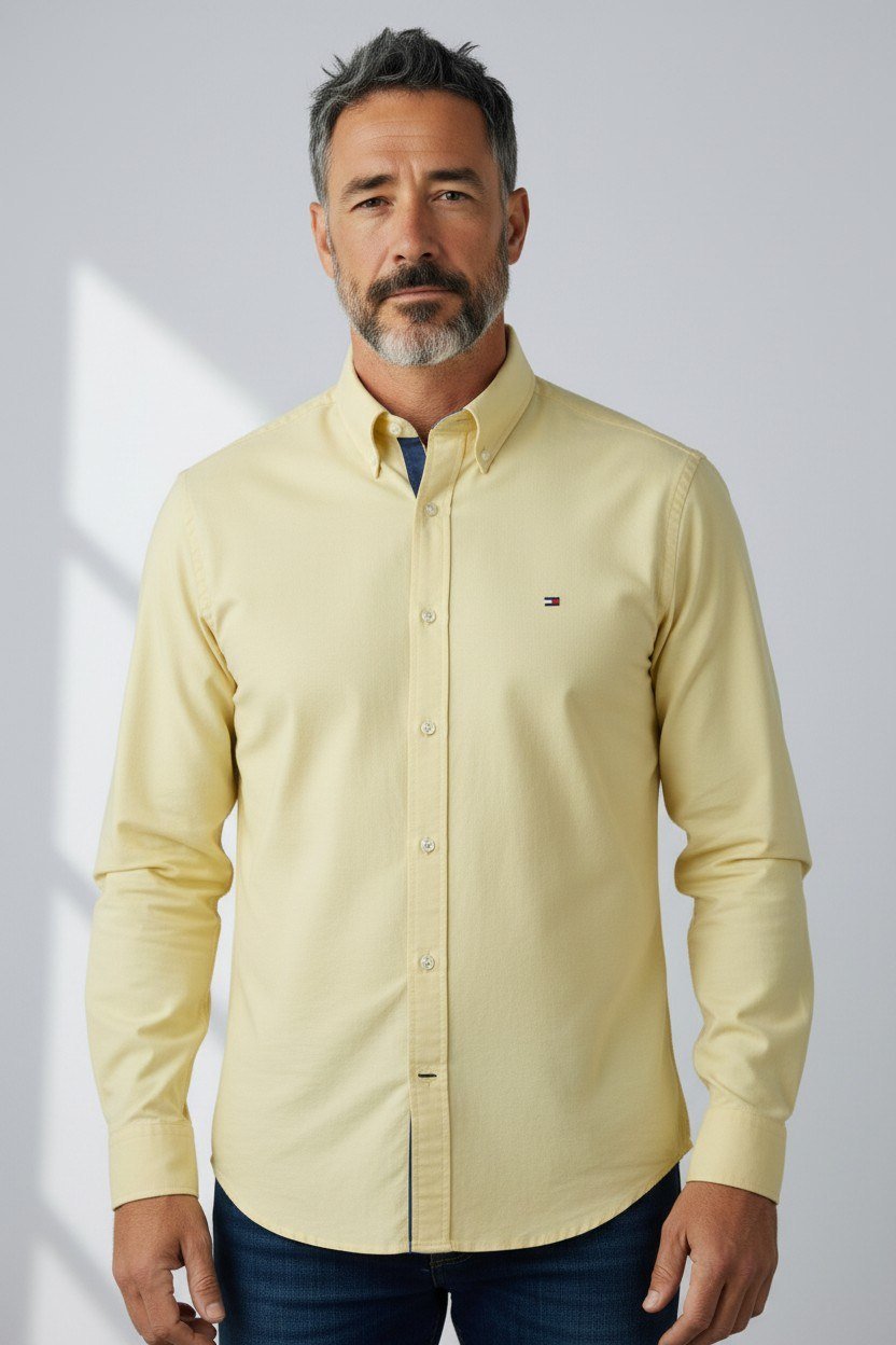 Tommy Hilfiger Premium Butter Yellow Oxford Button Down Long Sleeve Shirt for Men β Luxury Smart Casual Summer Essential πβ¨