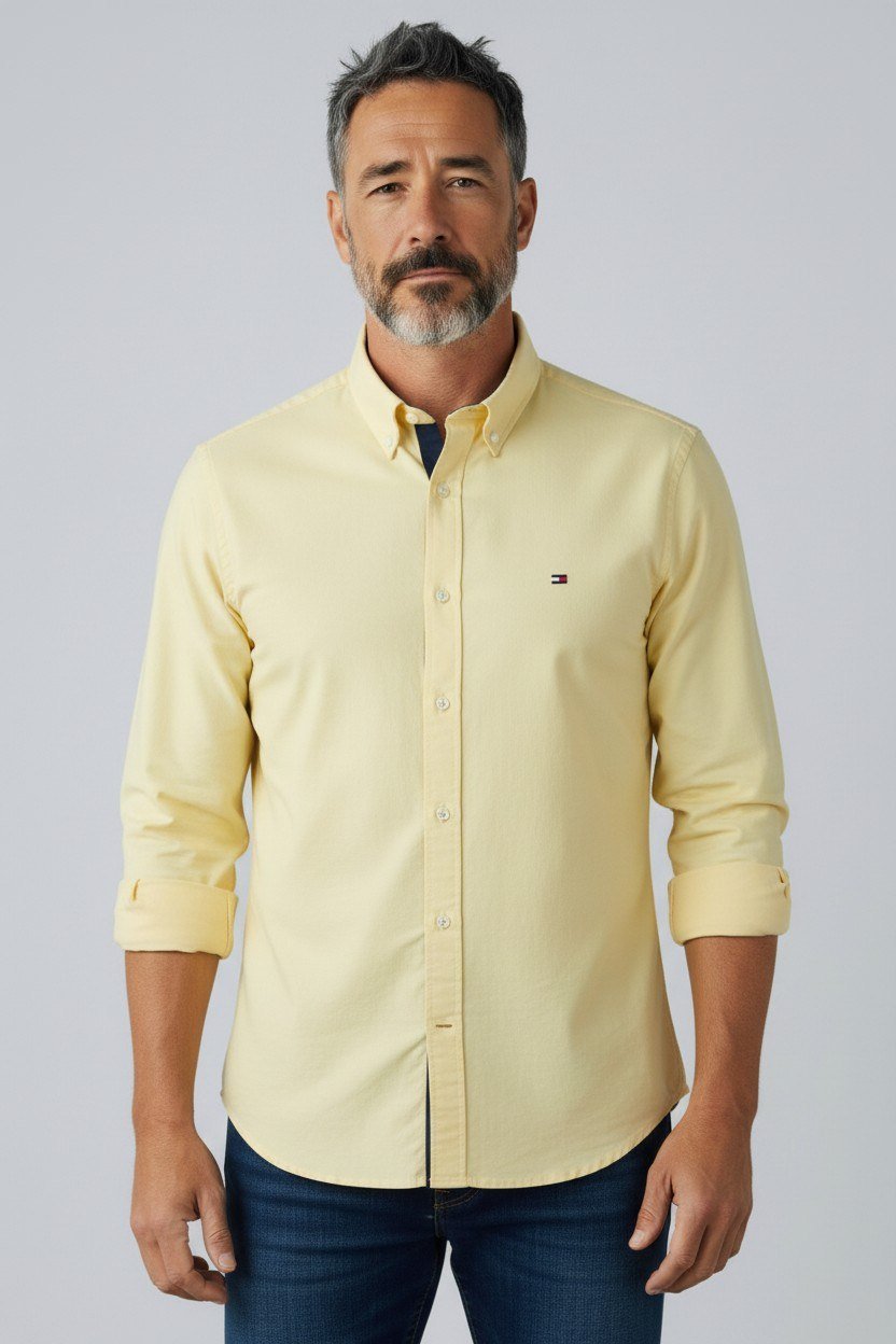 Tommy Hilfiger Premium Butter Yellow Oxford Button Down Long Sleeve Shirt for Men β Luxury Smart Casual Summer Essential πβ¨