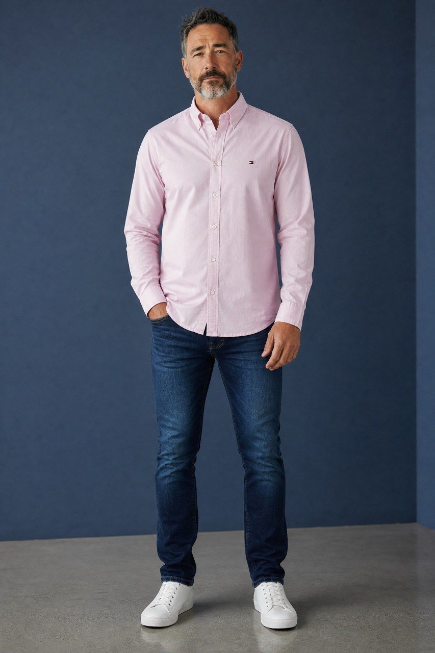 Tommy Hilfiger Premium Pastel Pink Oxford Button Down Long Sleeve Shirt for Men β Luxury Smart Casual Essential πΈβ¨