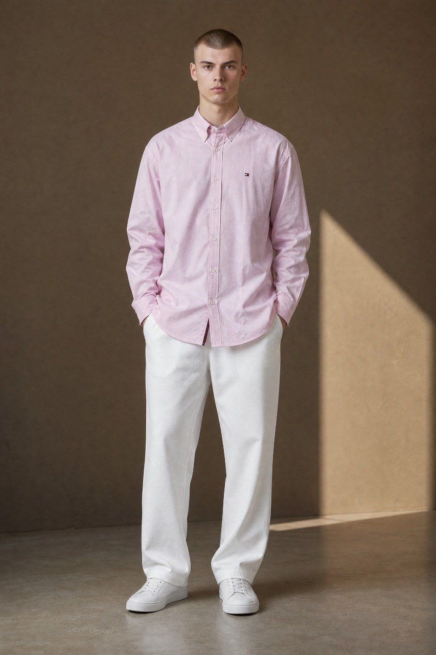 Tommy Hilfiger Premium Pastel Pink Oxford Button Down Long Sleeve Shirt for Men β Luxury Smart Casual Essential πΈβ¨
