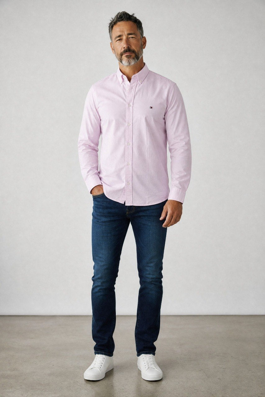 Tommy Hilfiger Premium Pastel Pink Oxford Button Down Long Sleeve Shirt for Men β Luxury Smart Casual Essential πΈβ¨