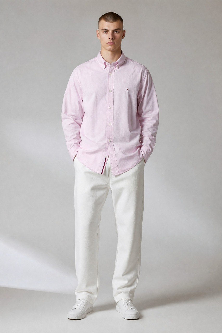 Tommy Hilfiger Premium Pastel Pink Oxford Button Down Long Sleeve Shirt for Men β Luxury Smart Casual Essential πΈβ¨