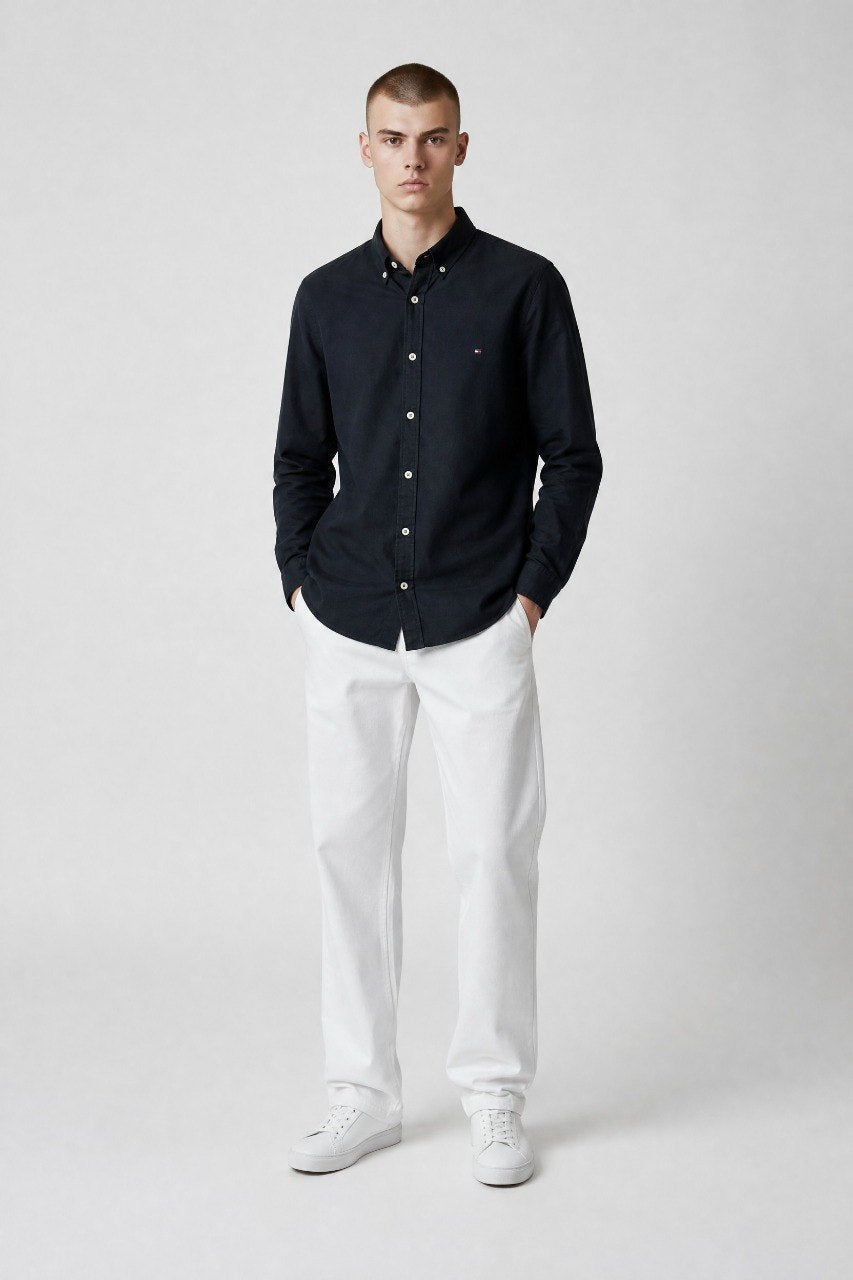 Tommy Hilfiger Premium Slim Fit Oxford Button-Down Shirt for Men β Classic Navy Smart Casual Long Sleeve Shirt πβ¨